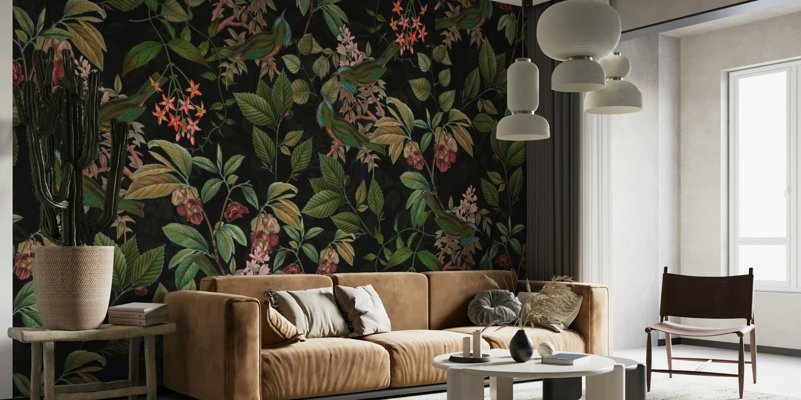 Exotic birds and tropical plants on a dark background wall mural