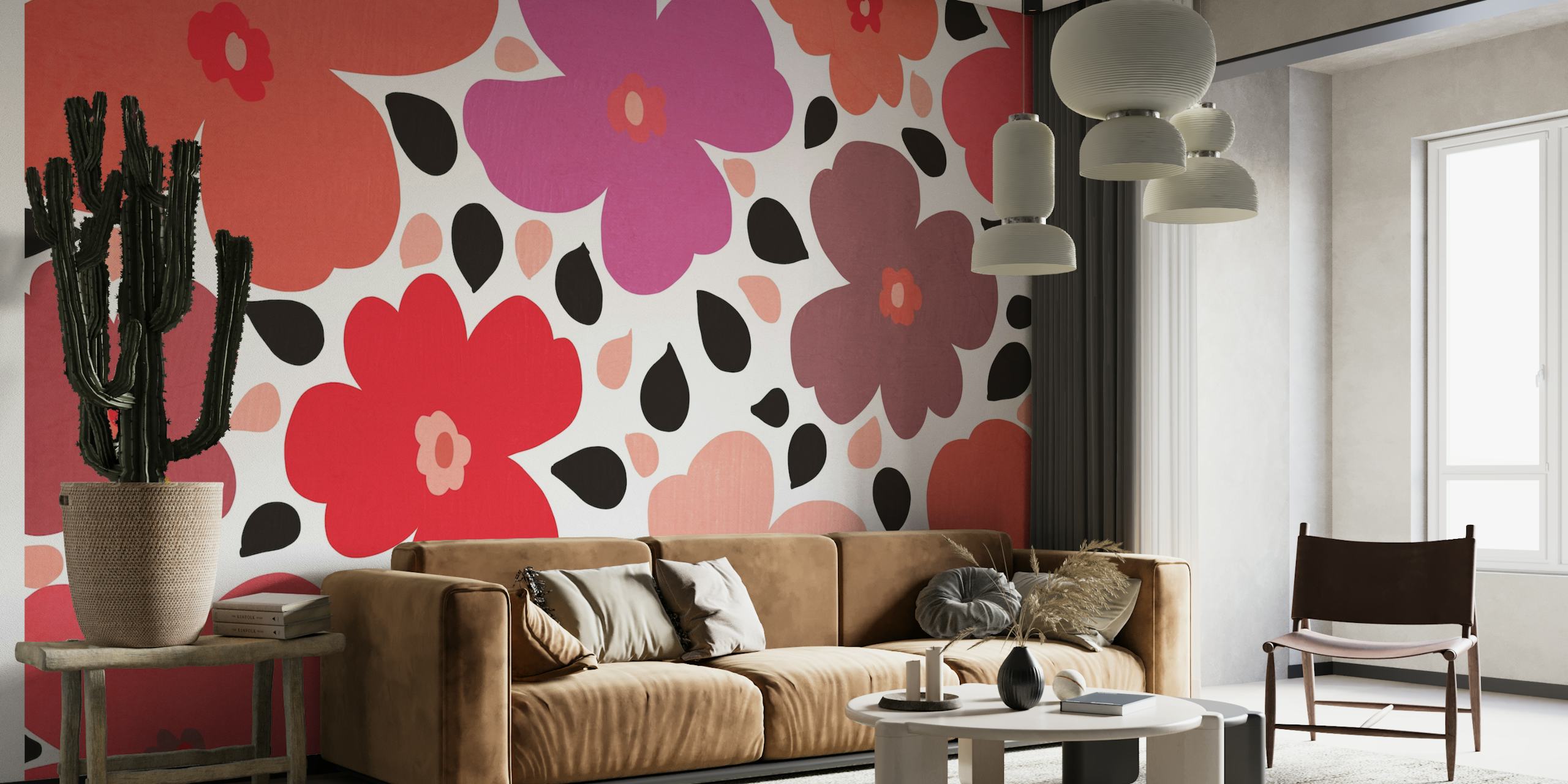 fotomural vinílico de parede floral vintage com tons suaves de vermelhos e roxos