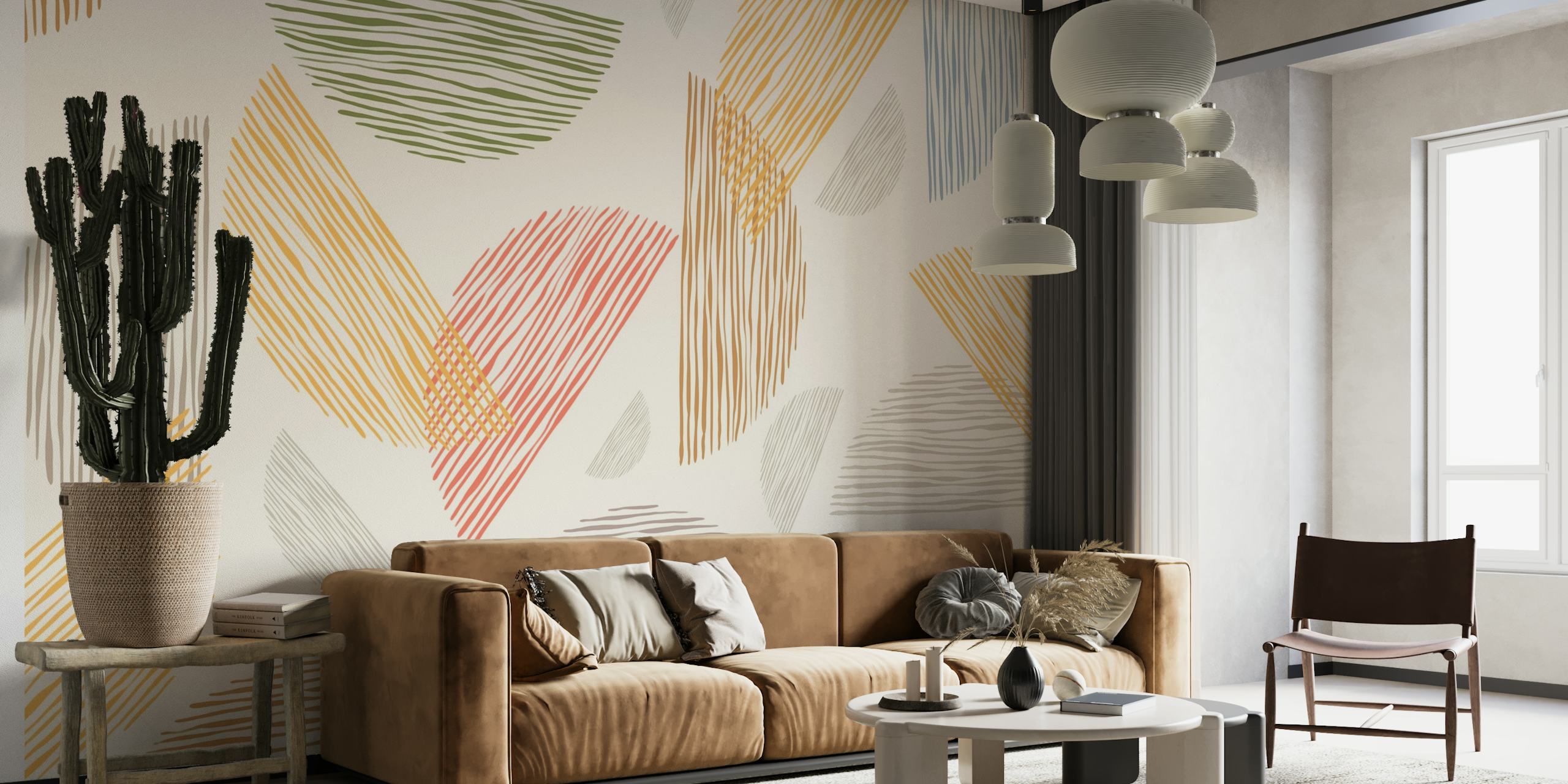 Vintage-inspired geometric striped wall mural in pastel tones