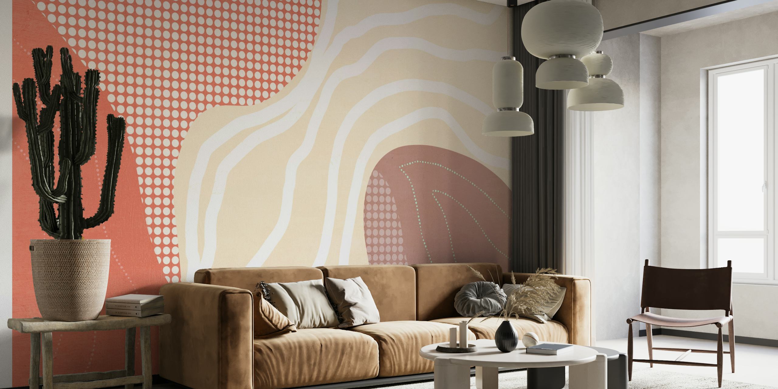 Vintage abstract wall mural with flowing curves and muted earth tones