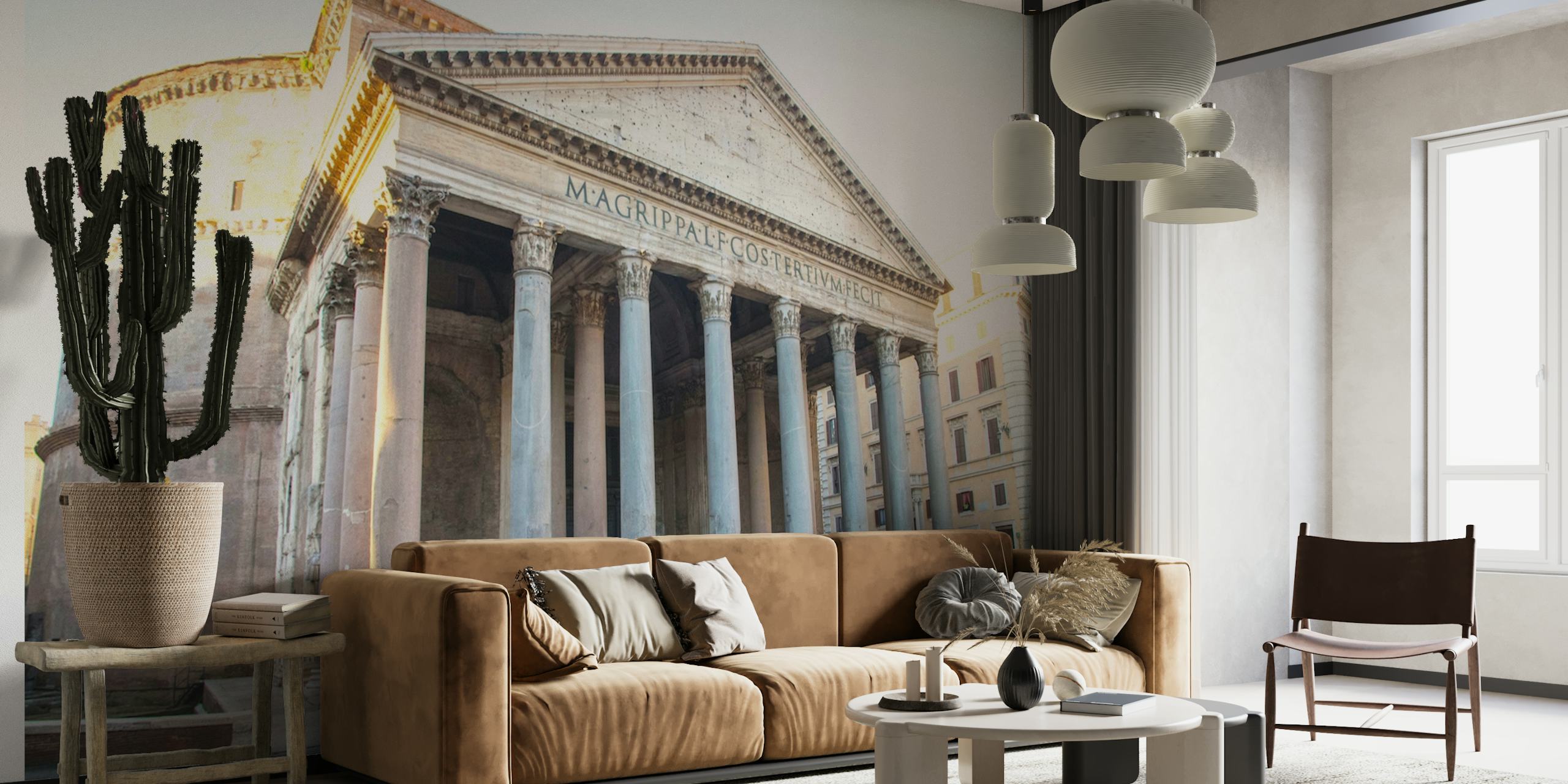 Glorious Pantheon Roomassa seinämaalaus, jossa näkyy muinaisen temppelin etuosa ja sen klassiset pylväät.