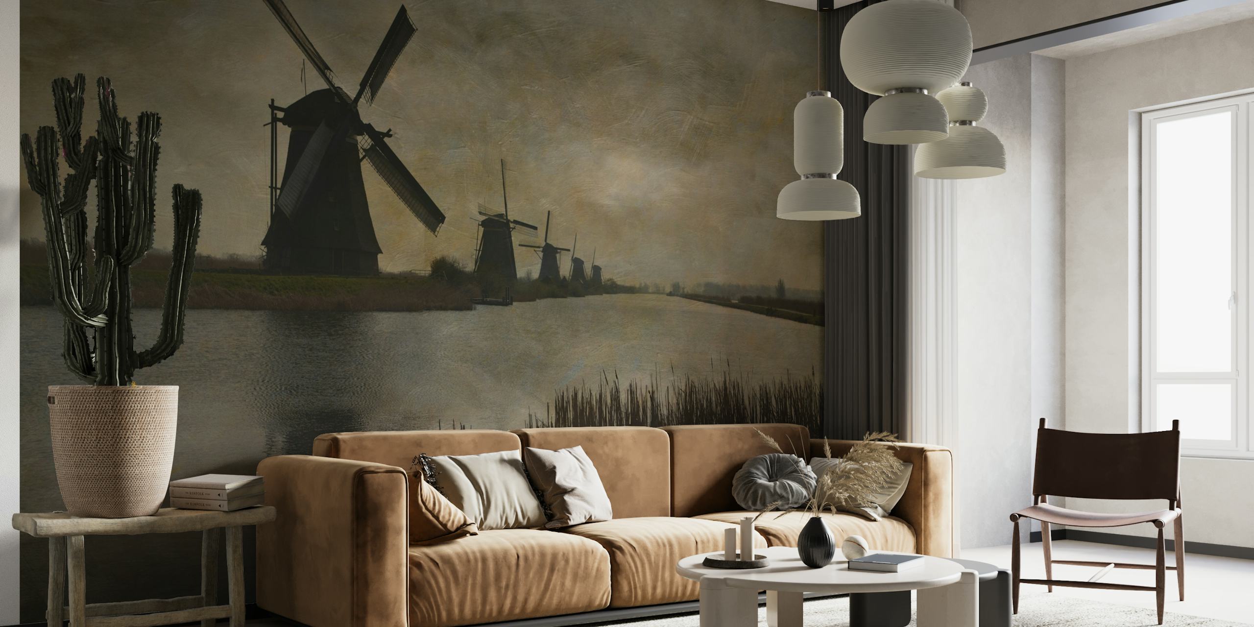 Historiska väderkvarnar under skymningshimlen vid Kinderdijk väggmålning