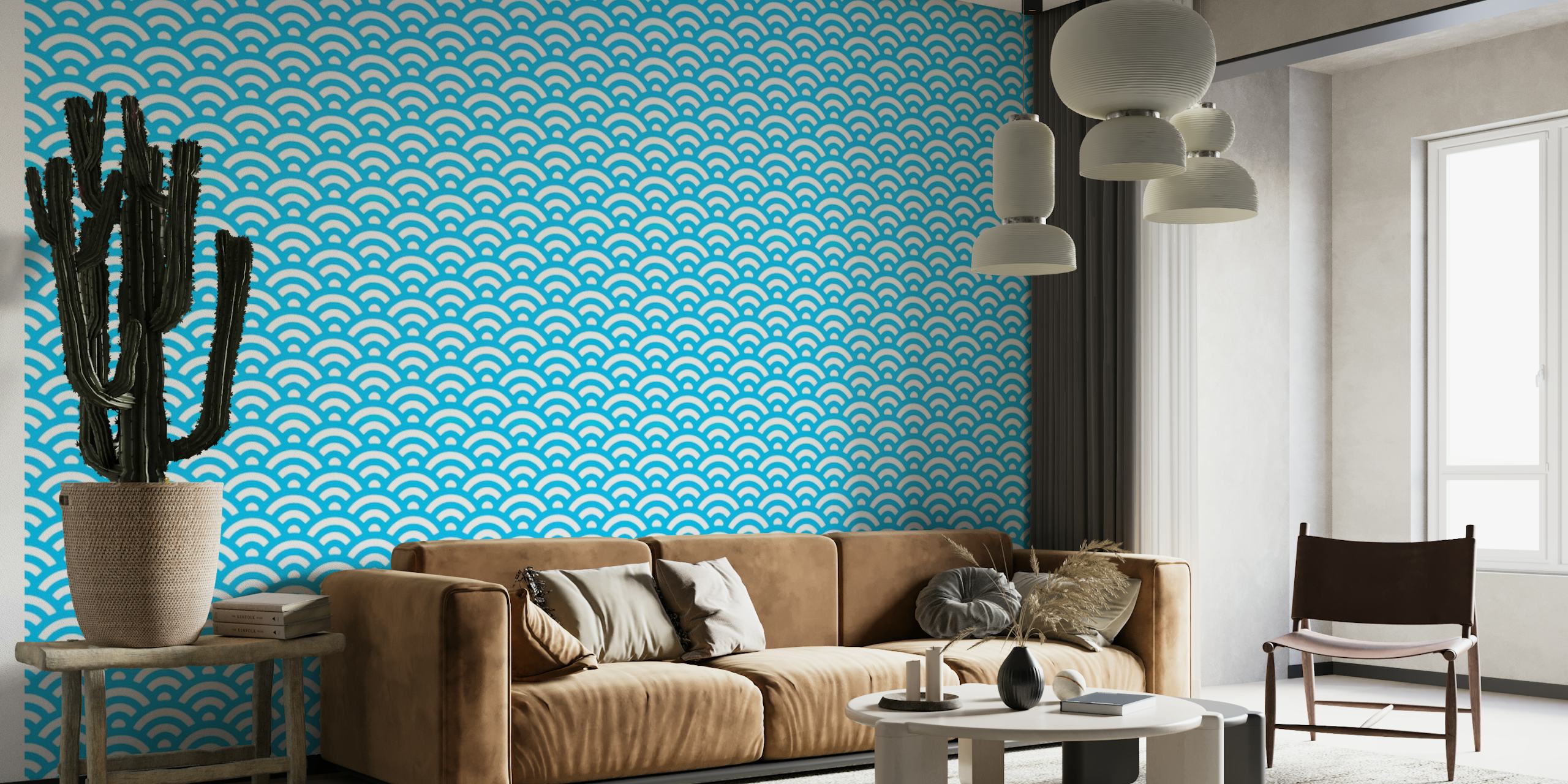 Fotomural vinílico de parede com padrão de onda japonês em tons calmantes de azul, criando um design de oceano sereno e rítmico.
