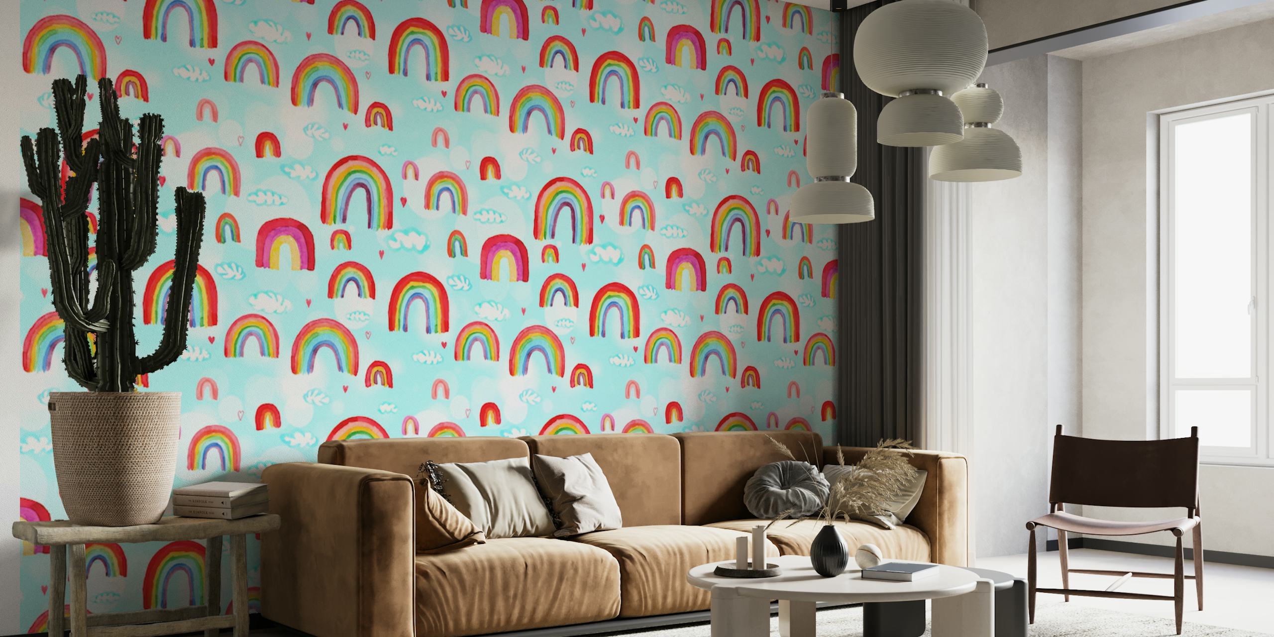 Colorful watercolor rainbows wallpaper in a room