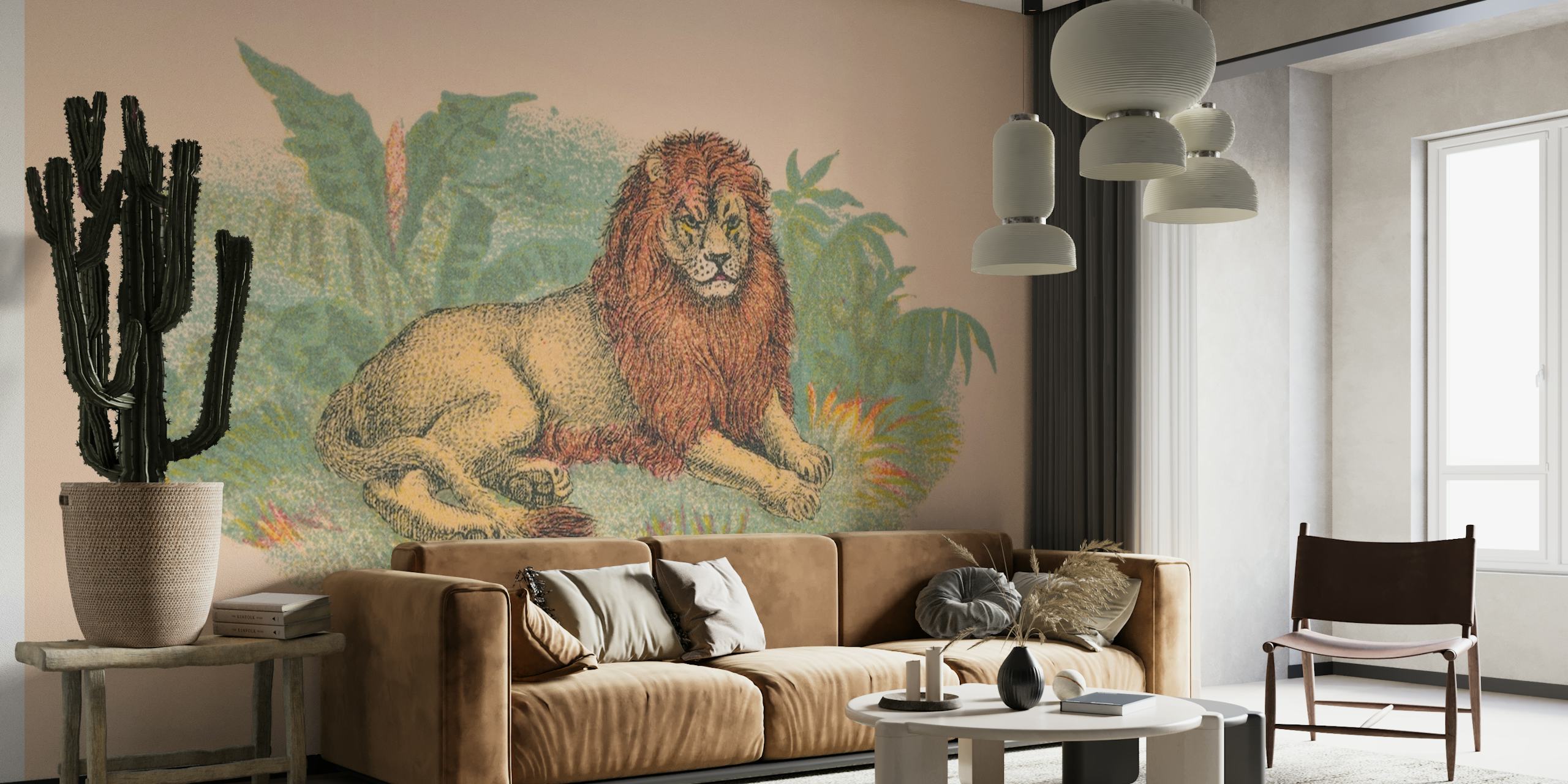 Vintage Illustration Lion Palm behang