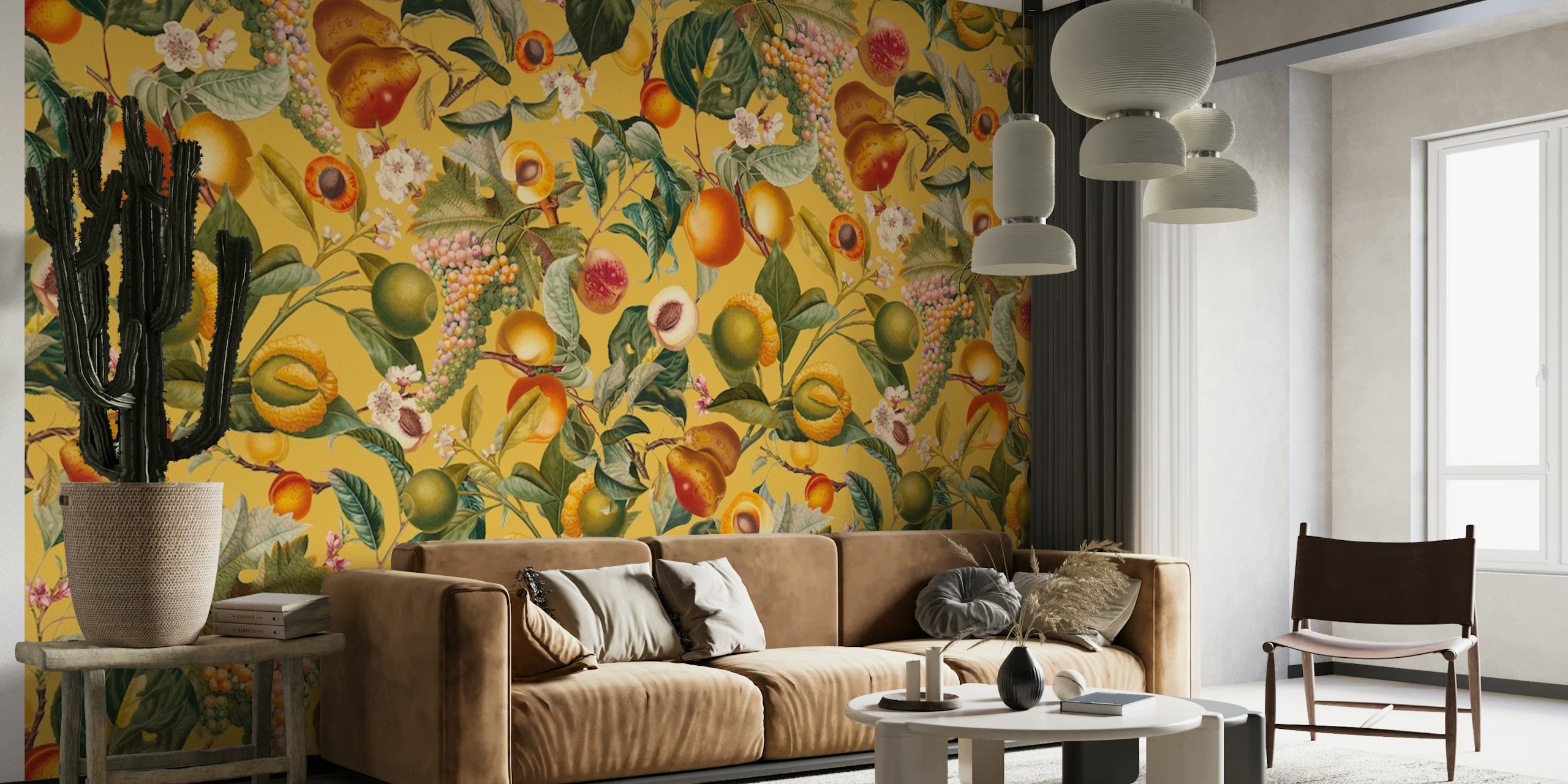 Colorful vintage fruit pattern wallpaper with yellow background
