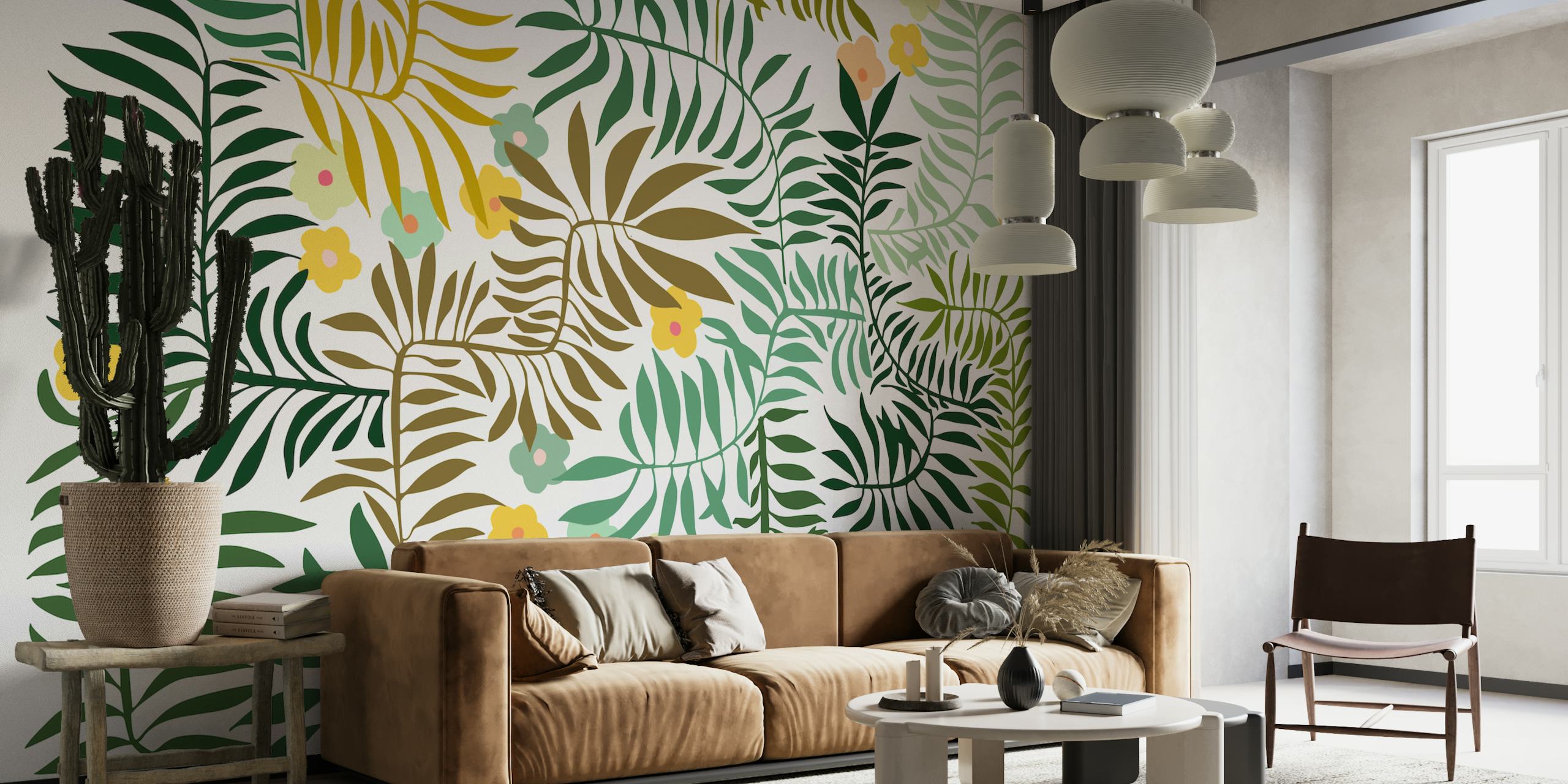 Tropical leaves with colorful flowers in green, yellow, and pink wallpaper