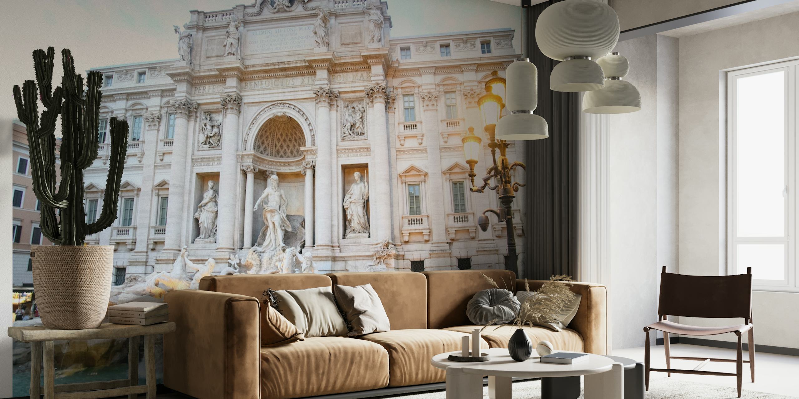 Wandgemälde des Trevi-Brunnens in Rom, das die kunstvolle Architektur und Skulpturen zeigt