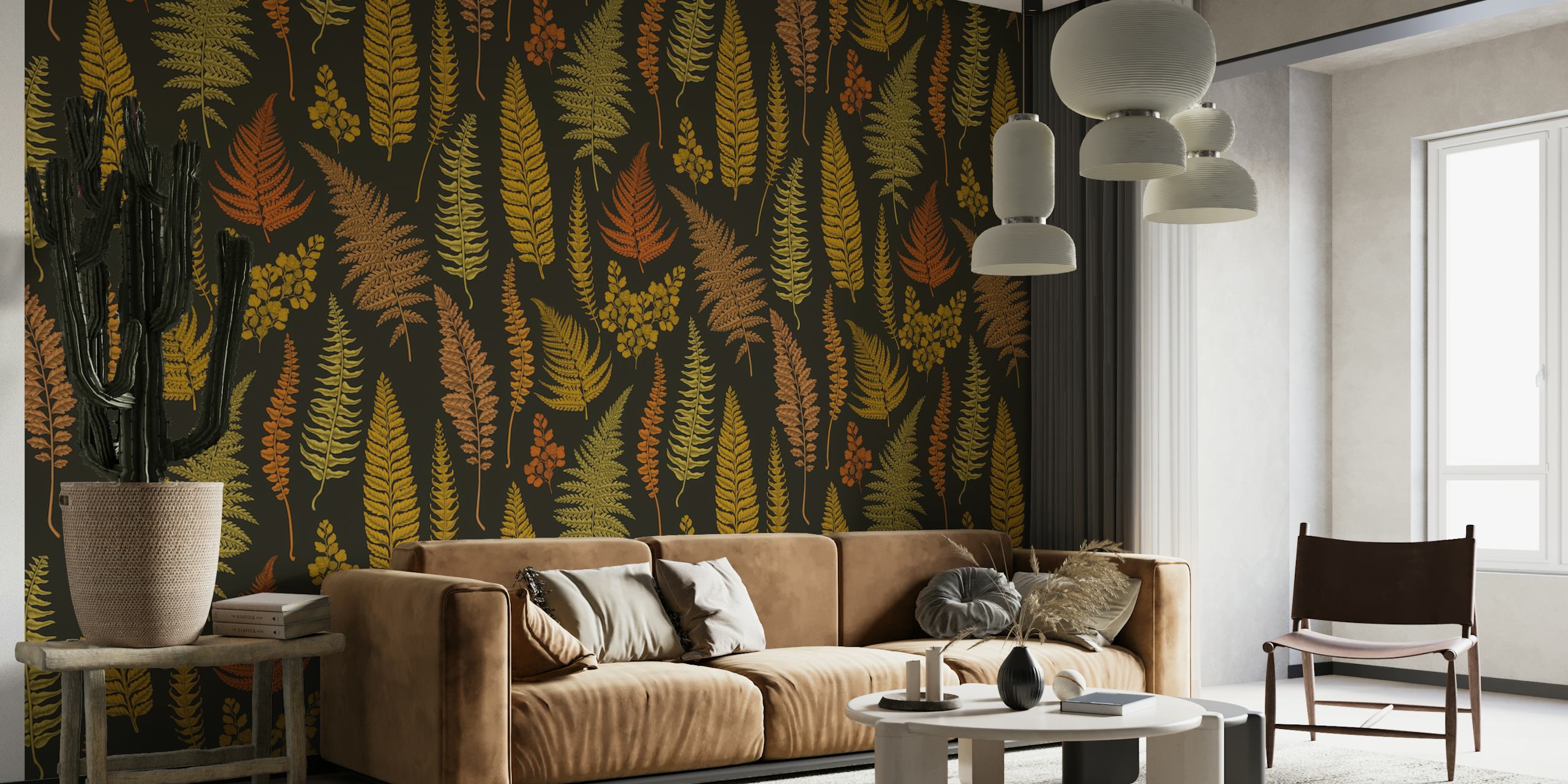 Autumn fern patterned wall mural with brown background