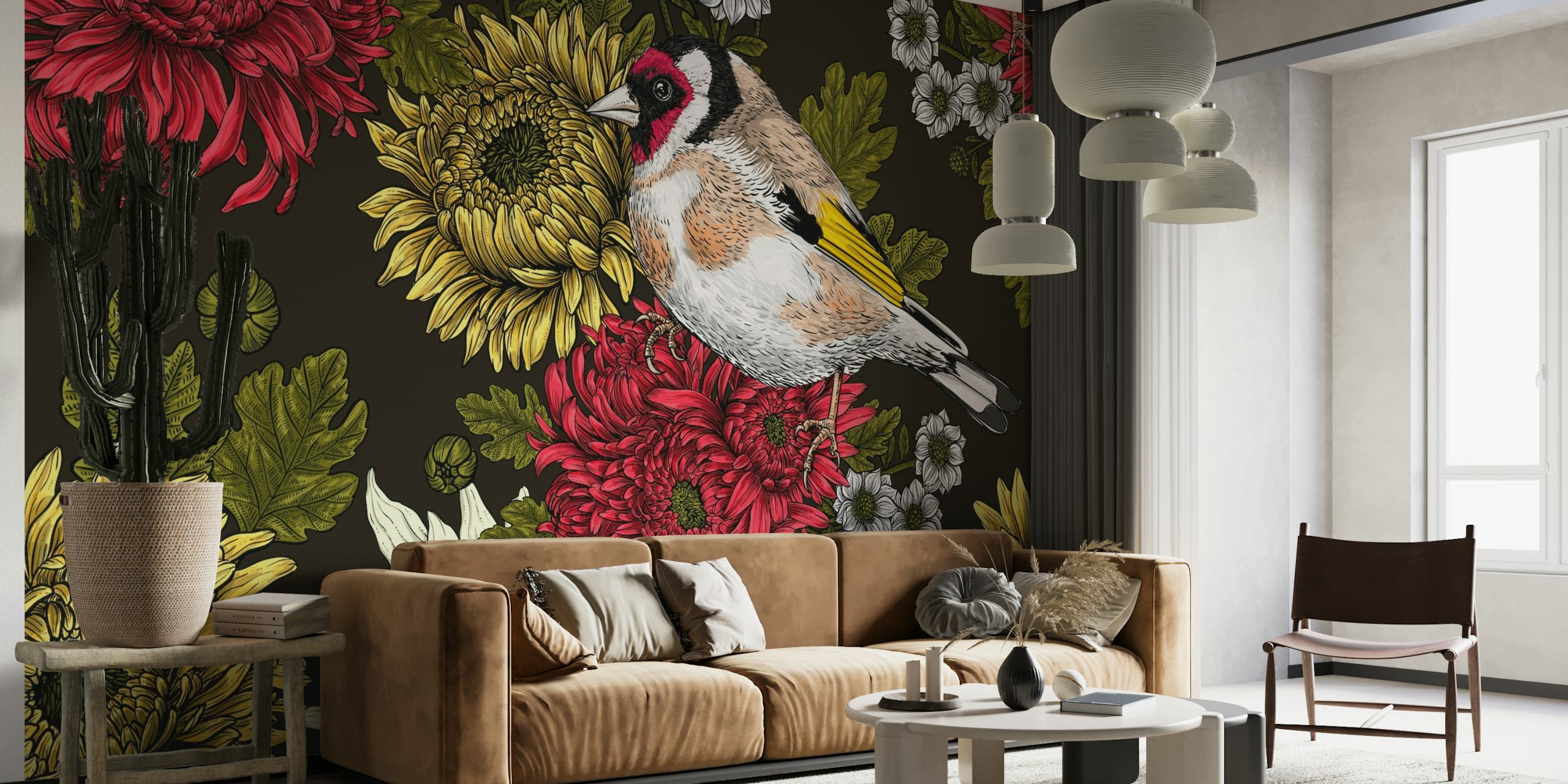 Goldfinch and chrysanthemums wallpaper
