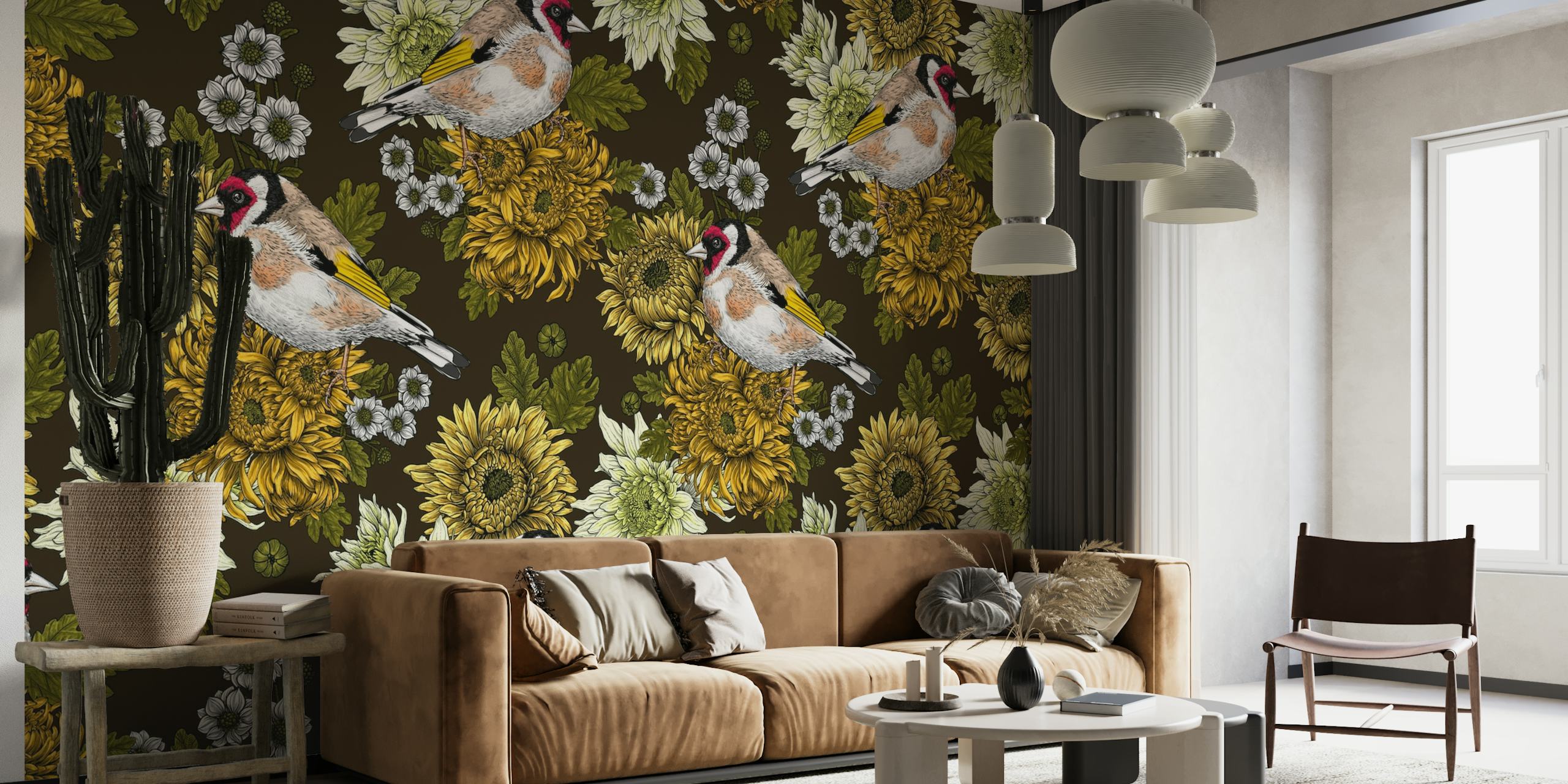 Goldfinch and chrysanthemums 2 wallpaper