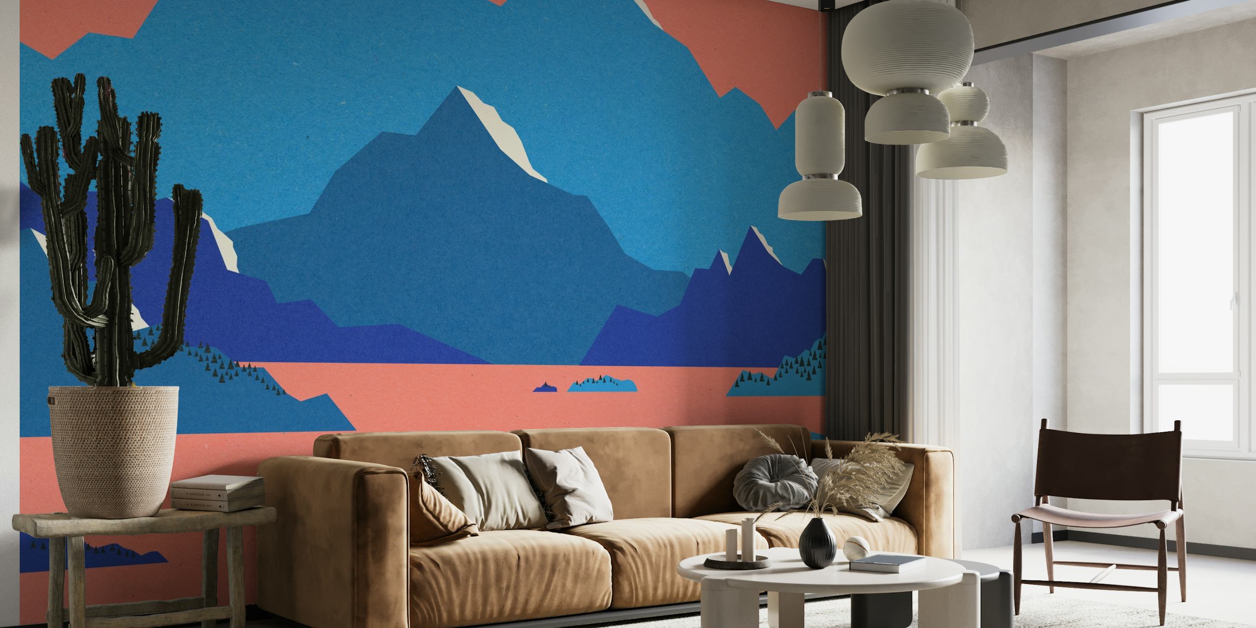 Tyylitelty skandinaavinen vuoristomaisema seinämaalaus sinisillä huipuilla ja korallitaivaalla