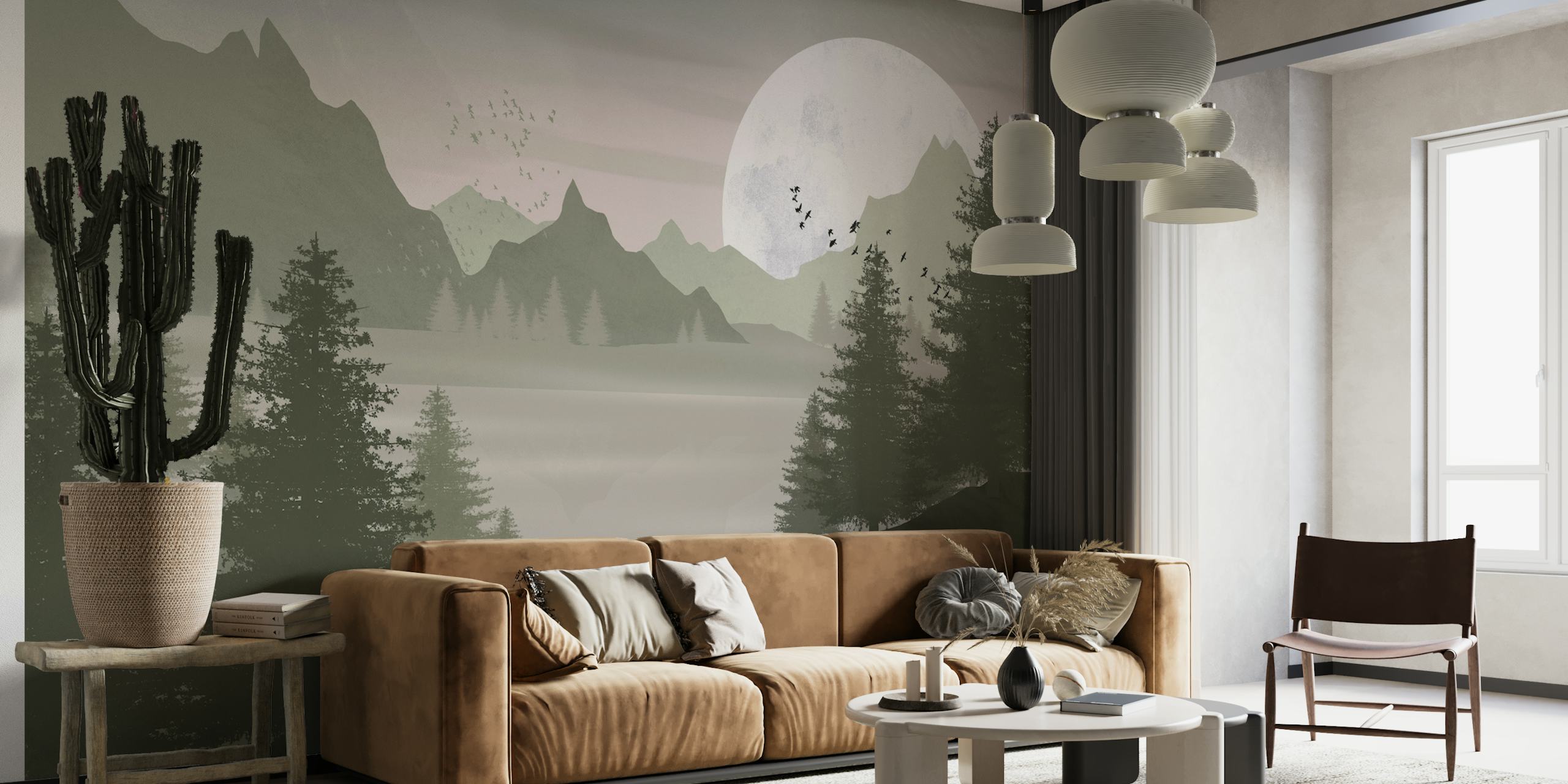 Winter evening landscape with moon over a lake and mountains wall mural