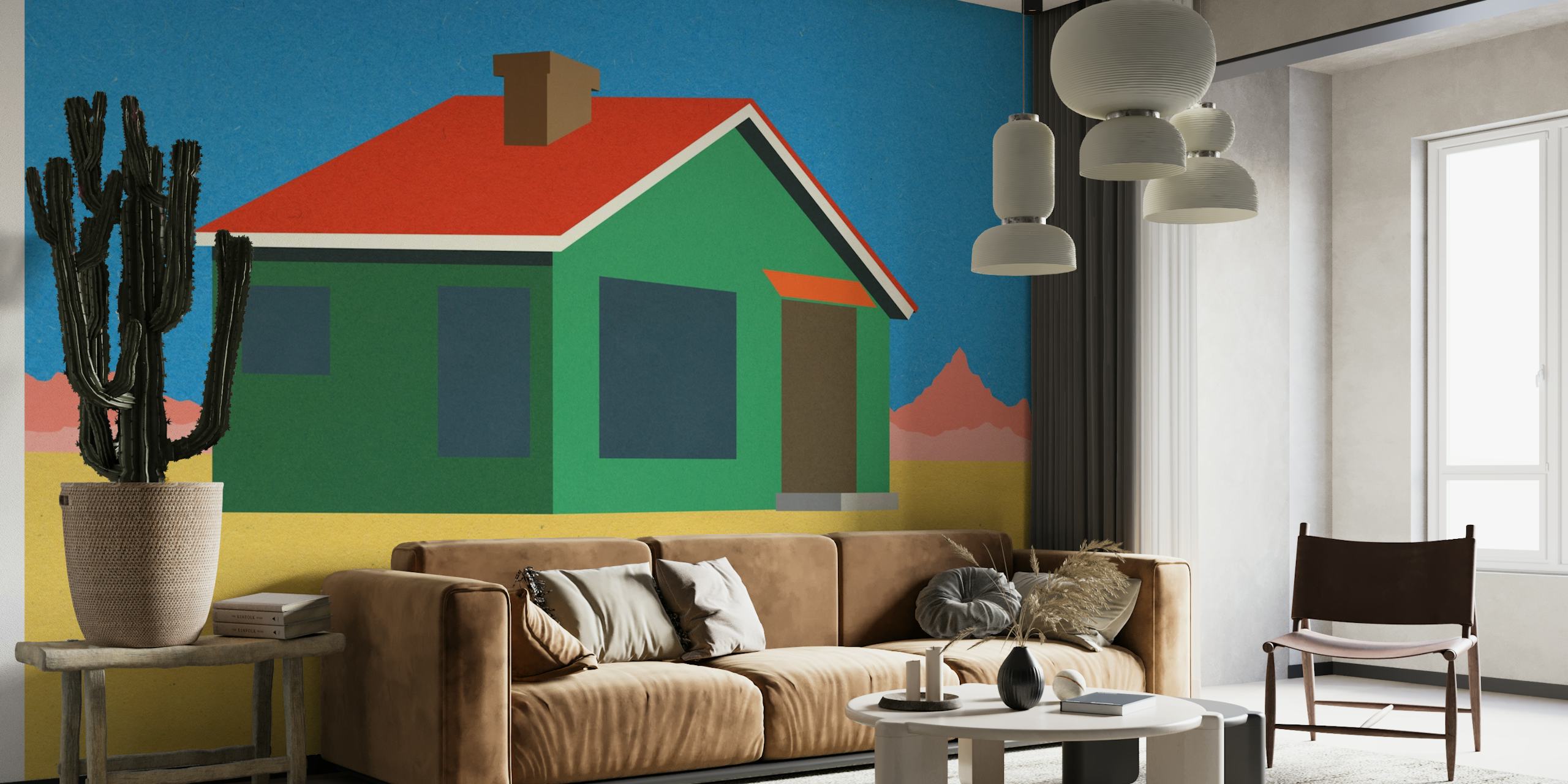 Fotomural vinílico de parede estilizado da casa do deserto de Joshua Tree com cores vibrantes