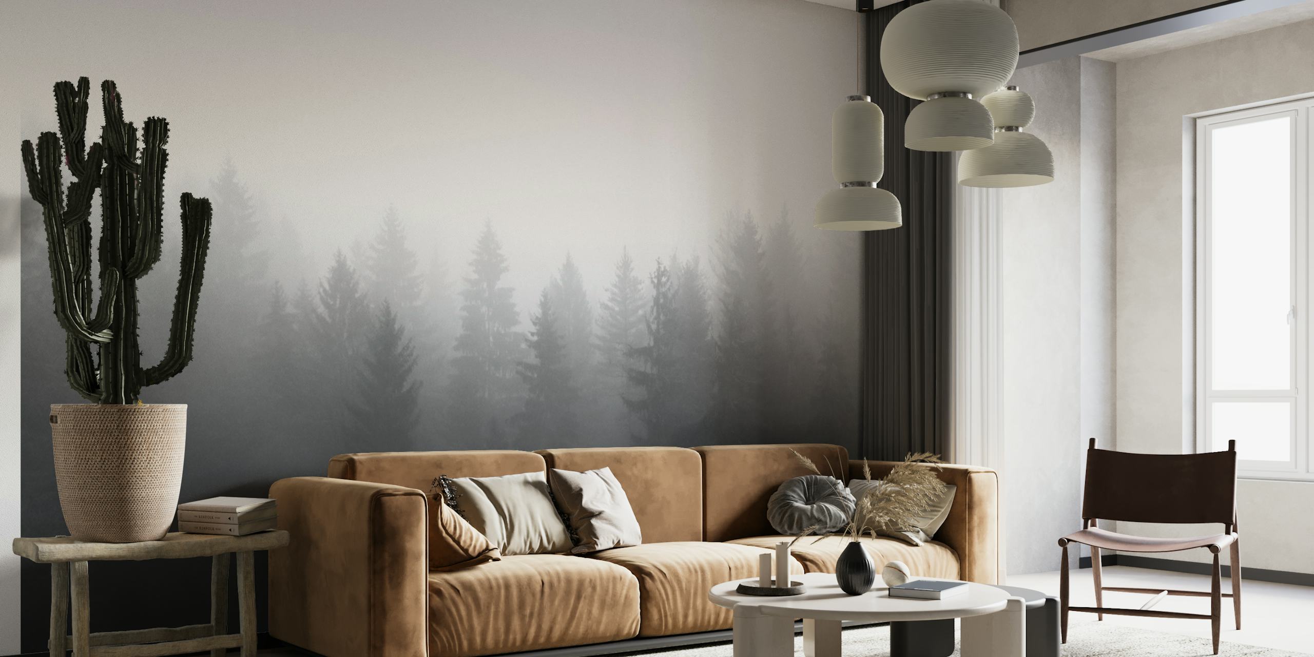 Misty black and white forest behang
