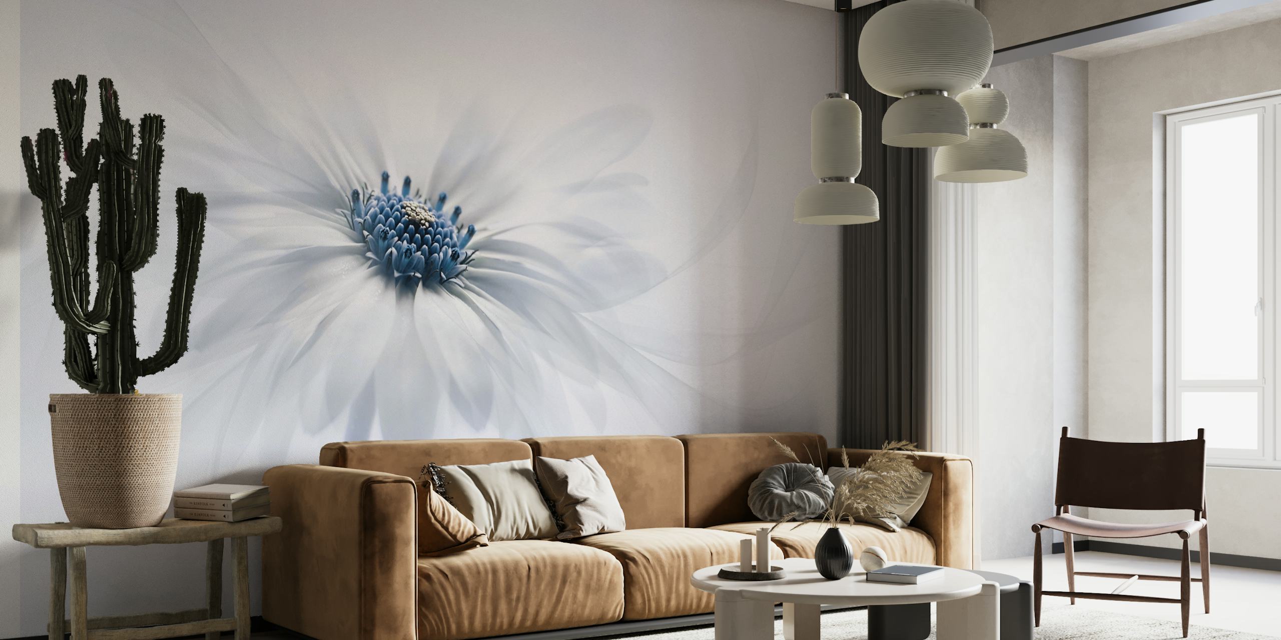 White flower with blue center and soft flowing petals wallpaper