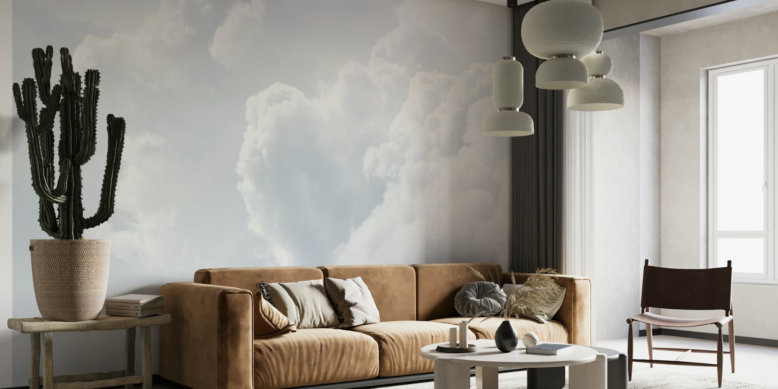 Blide hvide skyer mod en blød grå himmel vægmaleri