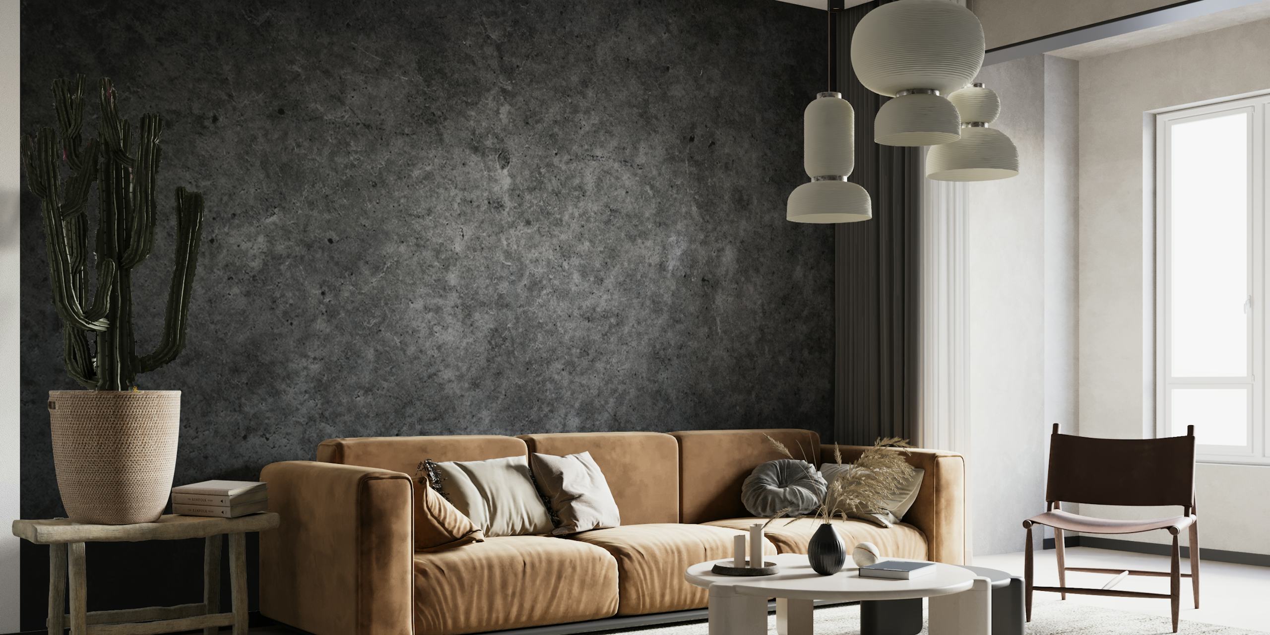 Textured black concrete wall mural in dark tones wallpaper