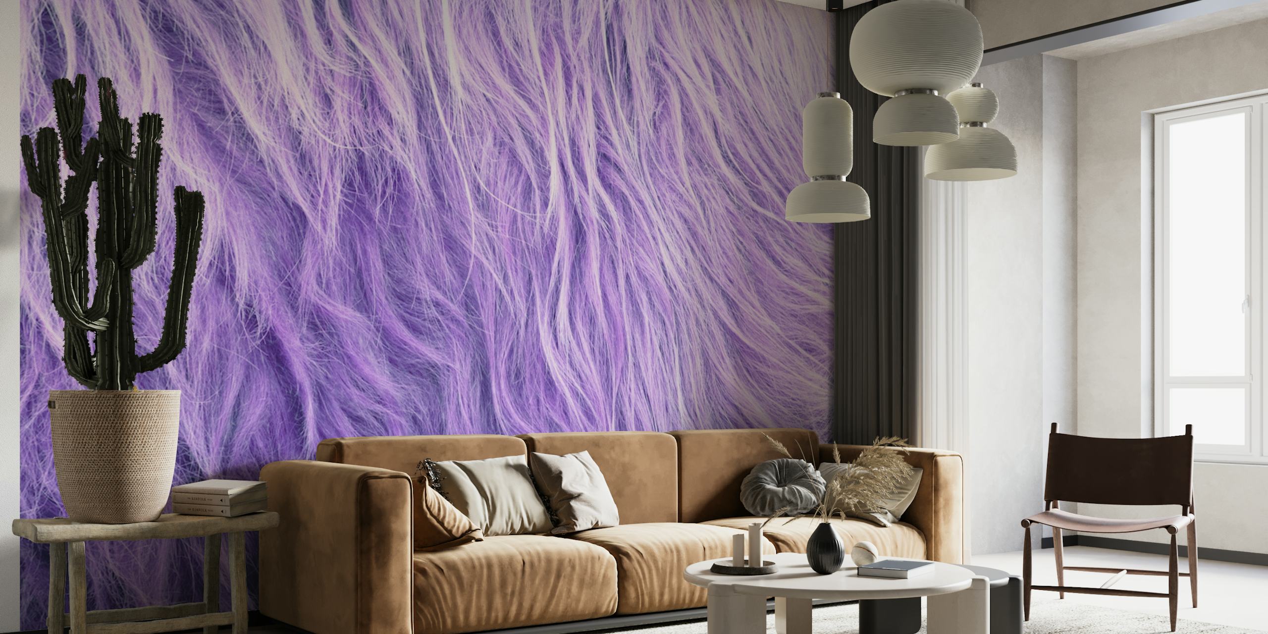 Textured purple faux fur wall mural resembling Highland cow fur