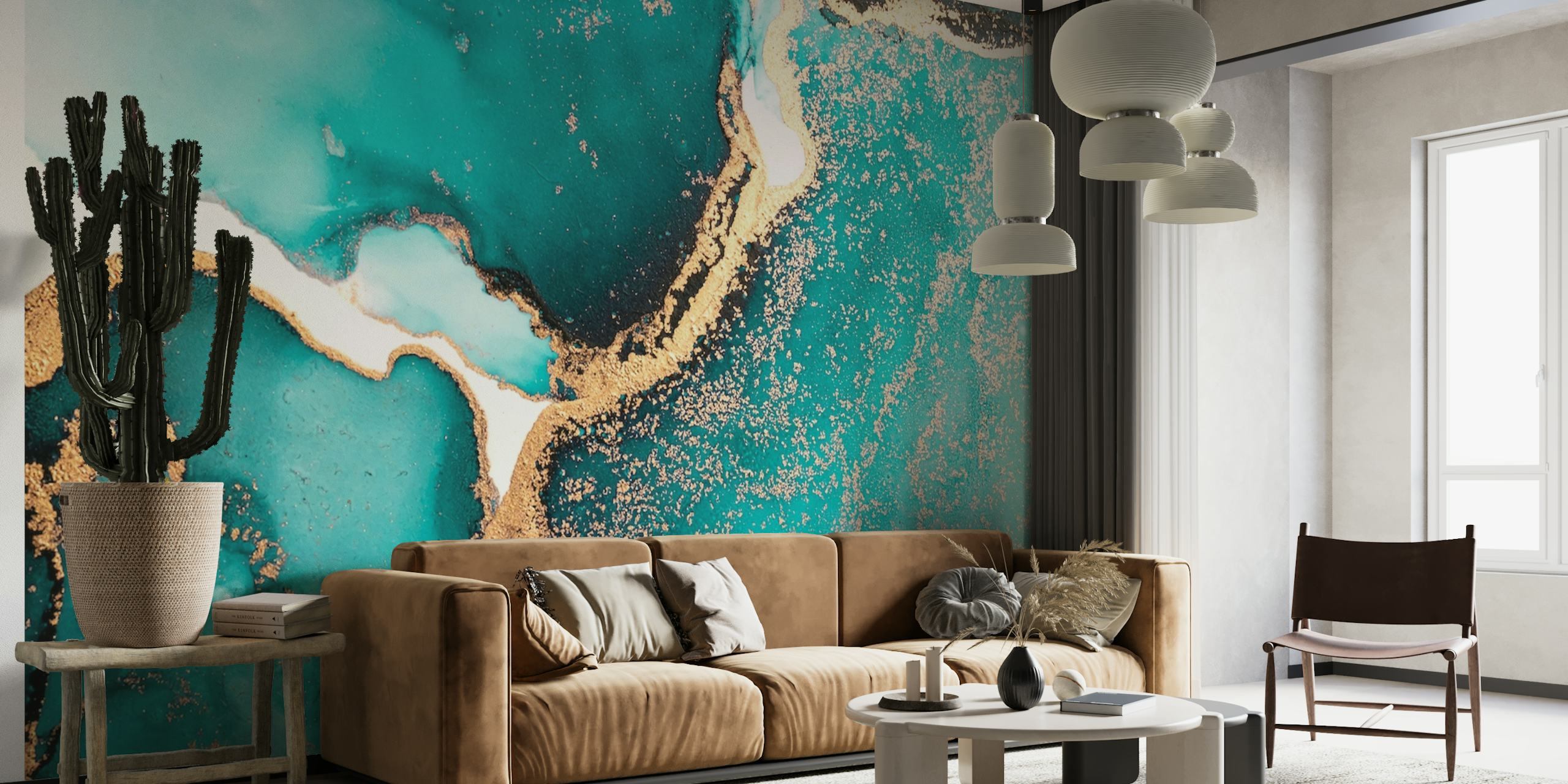 Alcohol Ink Turquoise Marble 3 wall mural with turquoise and gold swirls creating a serene atmosphere.