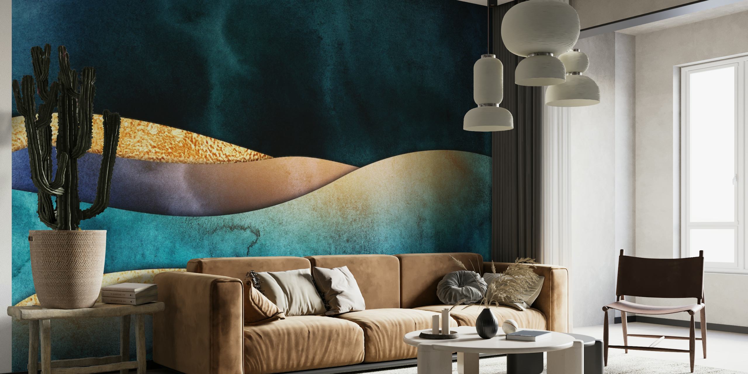 Abstract blue and gold wall mural with a mystic landscape design from happywall.com