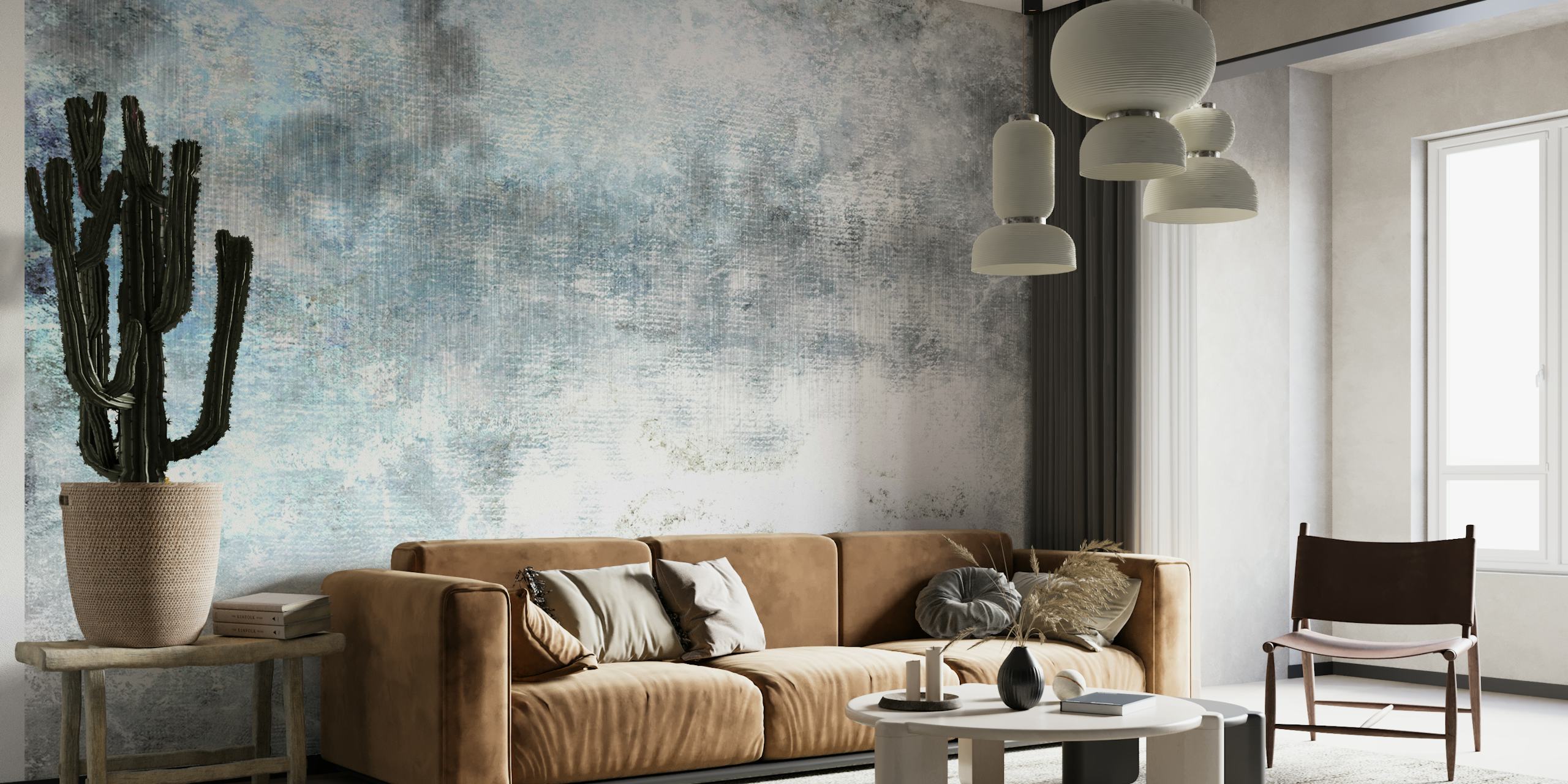 Frost inspired abstract wall mural with cool blue and white hues