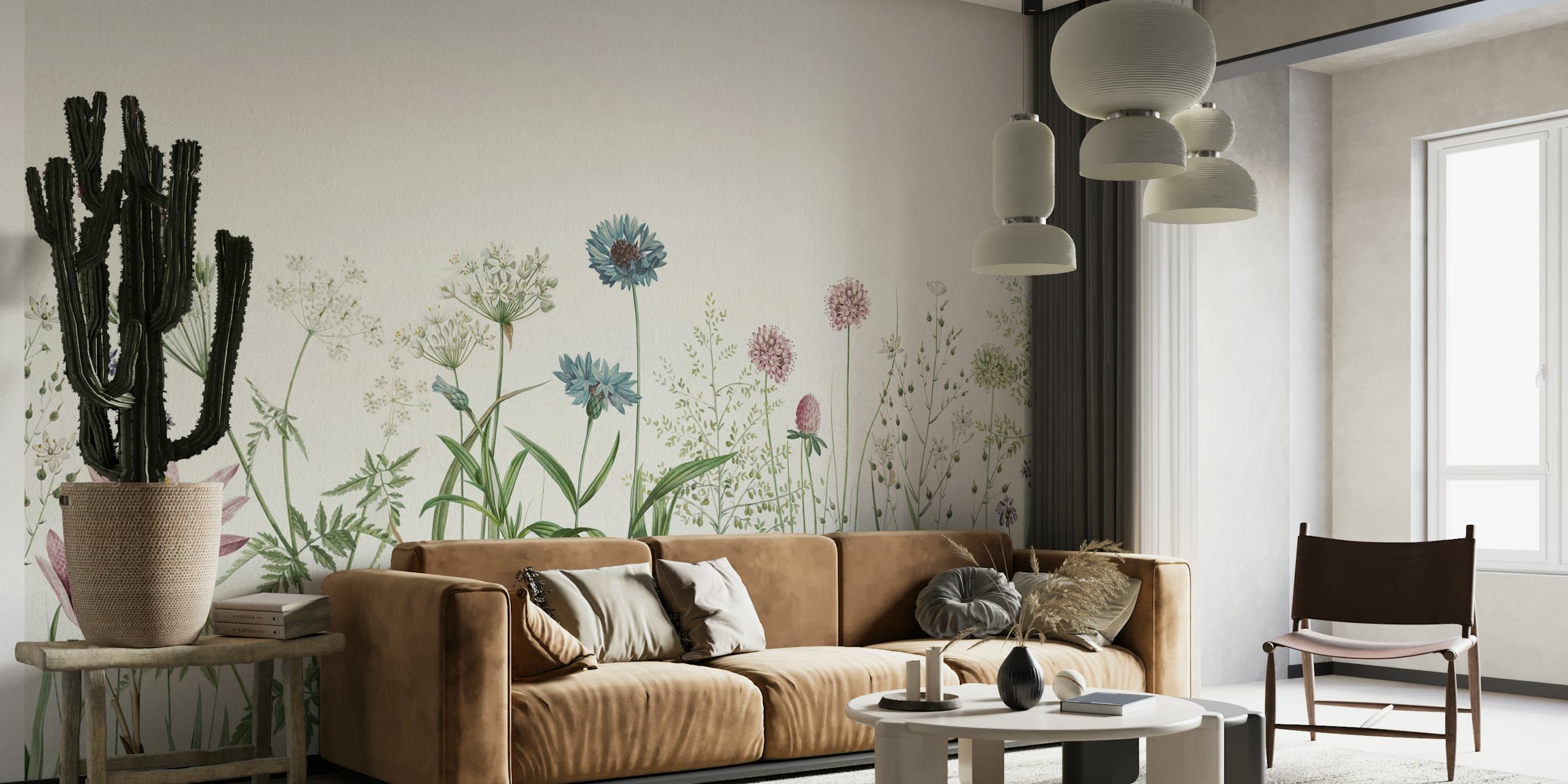 Floral design with pink, blue, and green flowers wallpaper