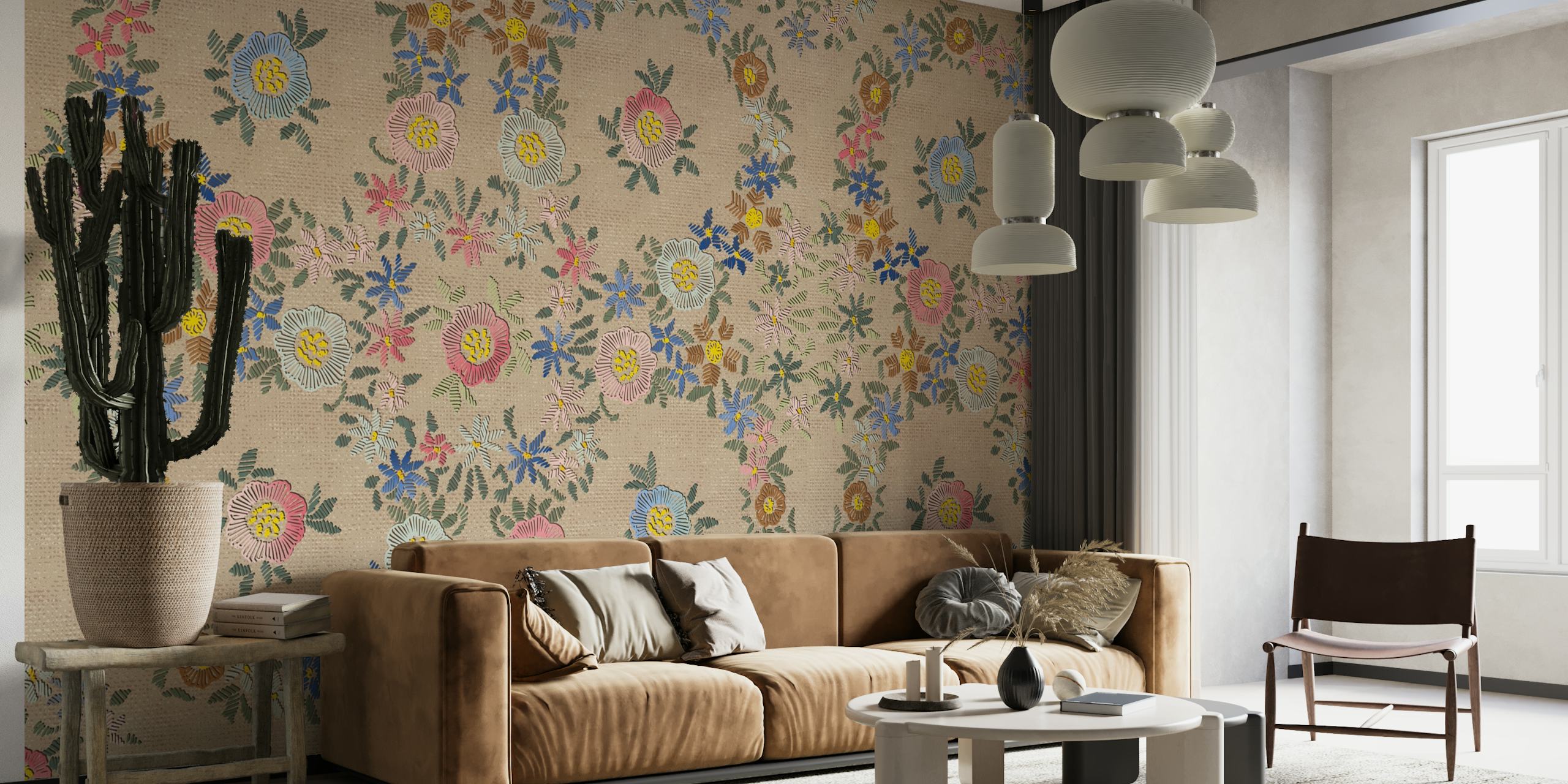 A wall mural featuring modern embroidered floral patterns on a subtle background