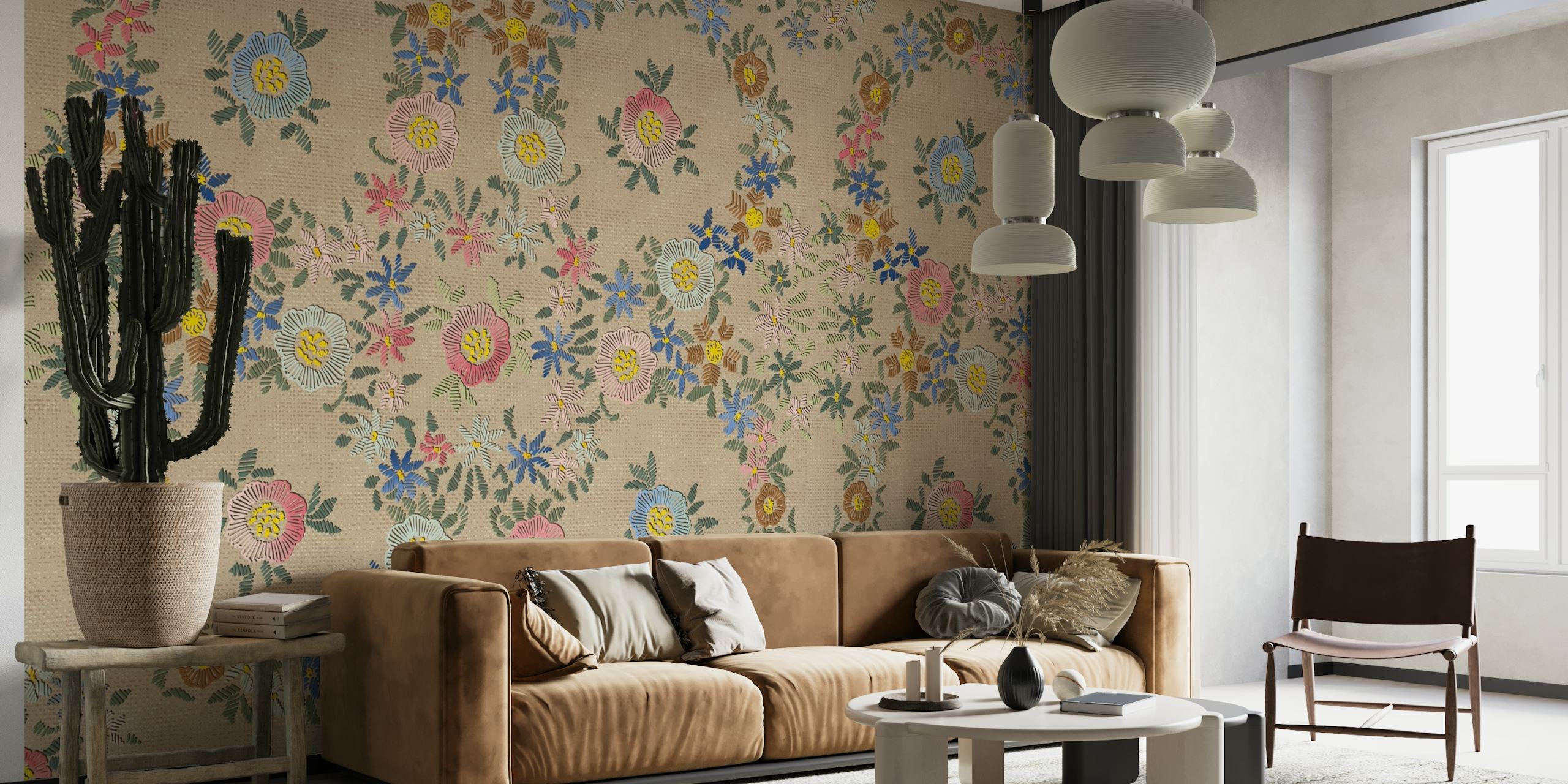 Modern embroidered flowers wallpaper