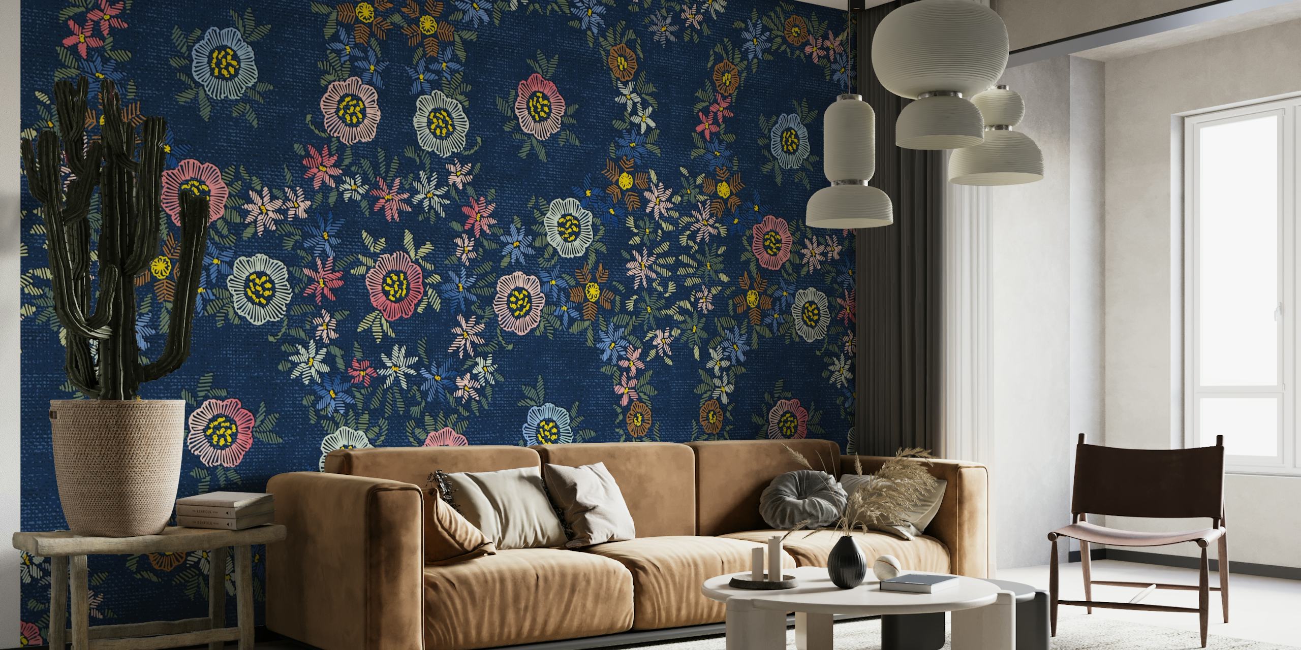 Vibrant floral embroidery on dark blue wallpaper from Happywall