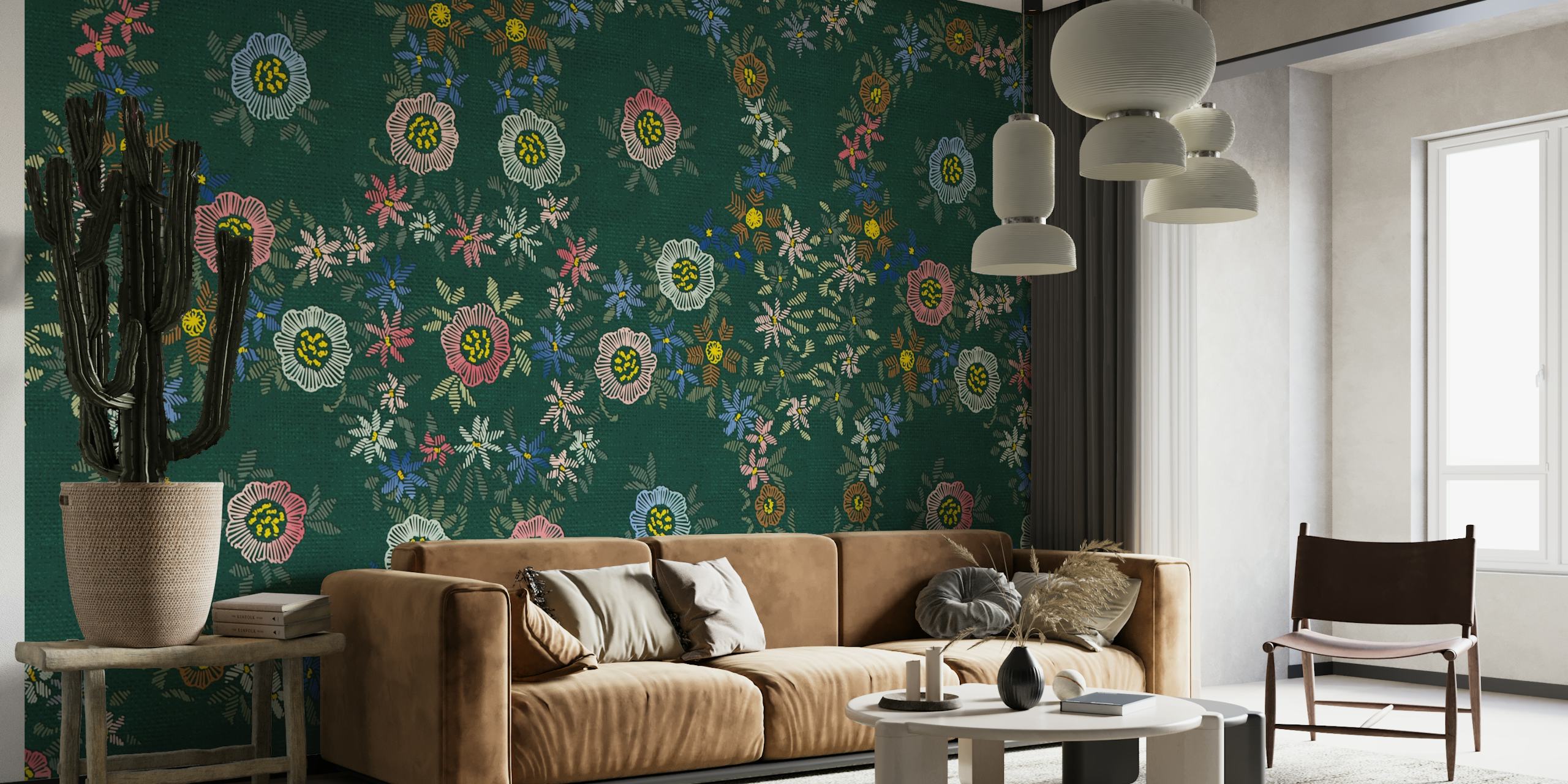 Embroidered flowers emerald wallpaper