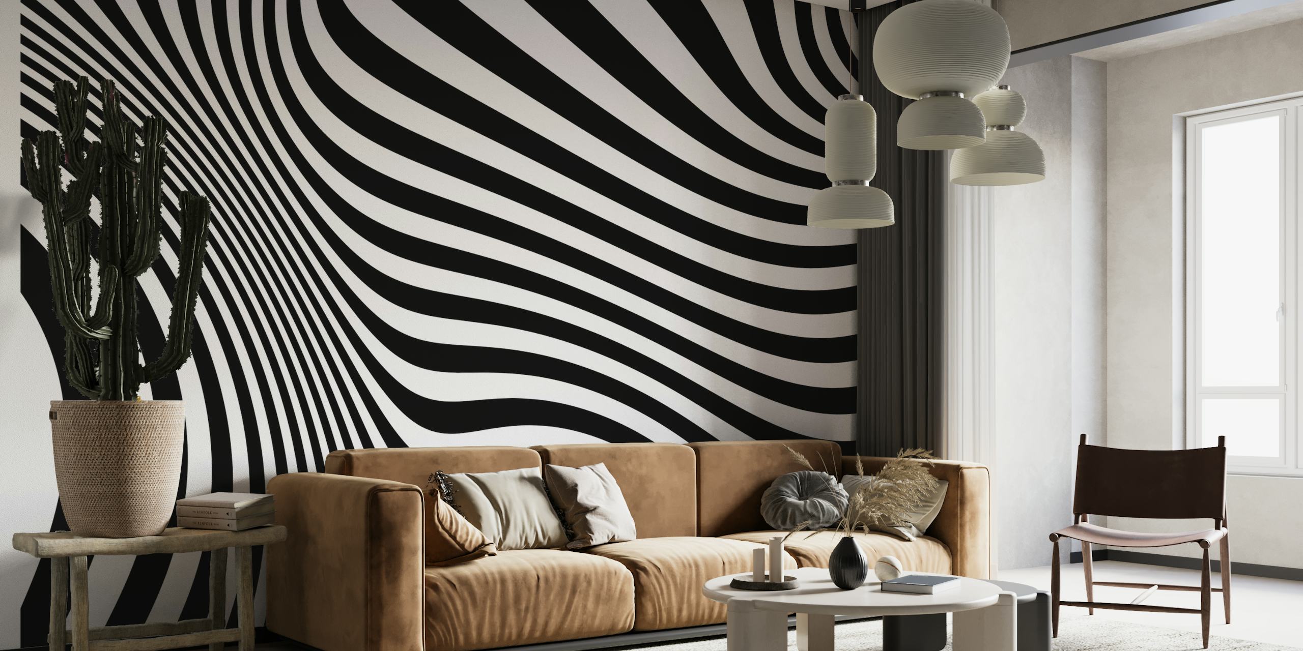 Op Art Retro crno-bijeli zidni mural s hipnotičkim uskovitlanim linijama