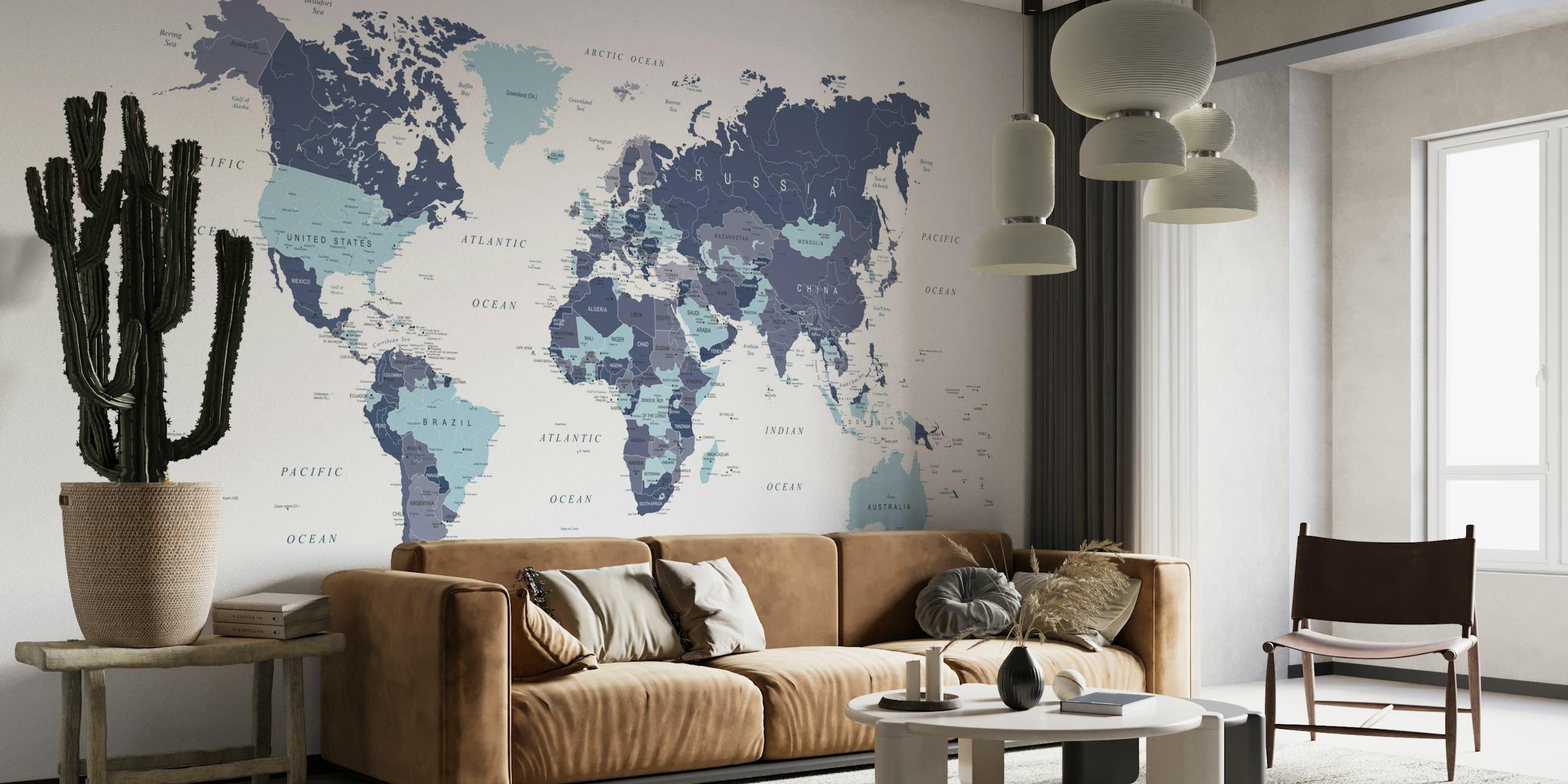 World Map in Blue and White papel pintado
