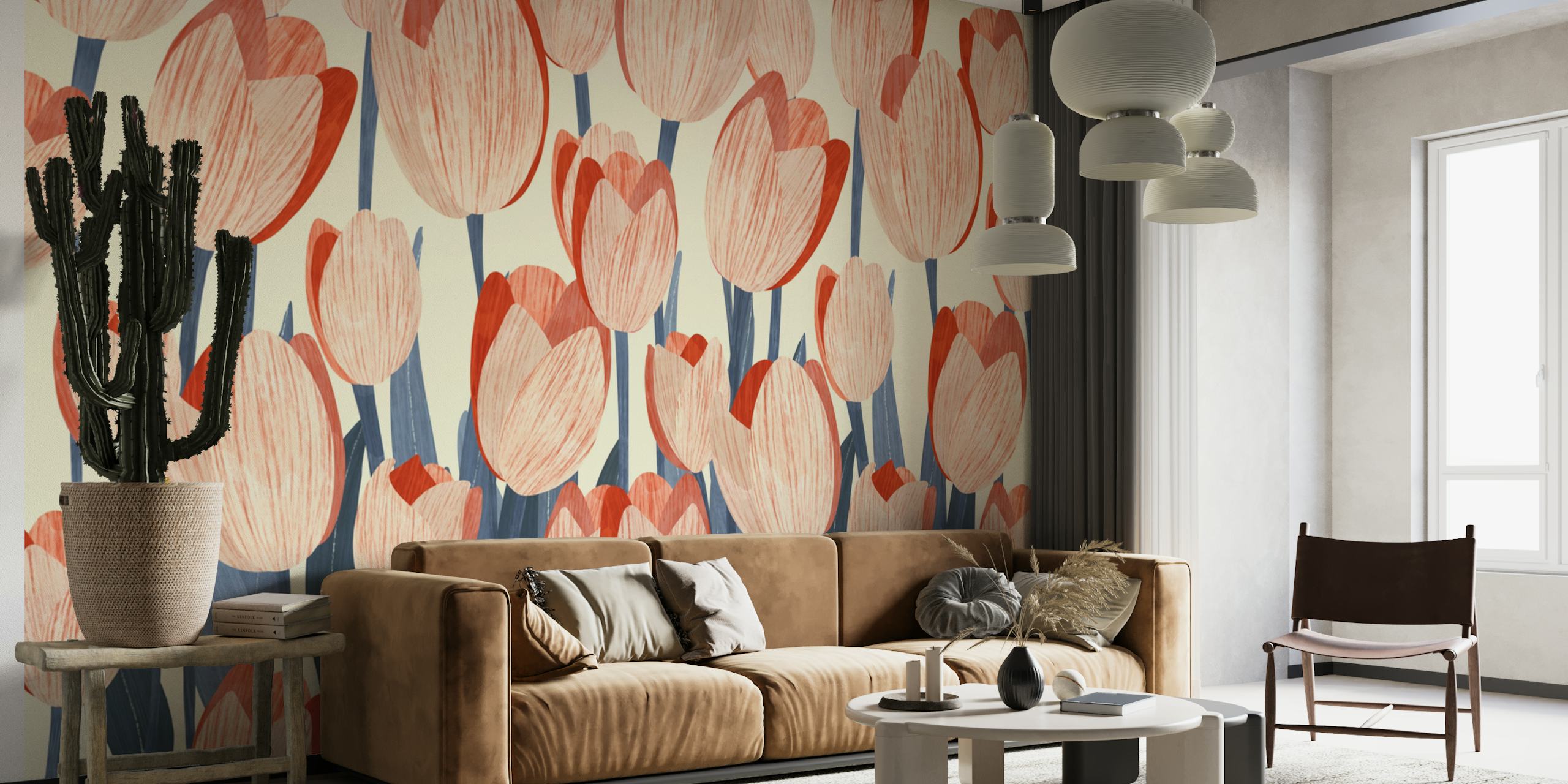 Pink tulip floral wallpaper with green stems in bright colors