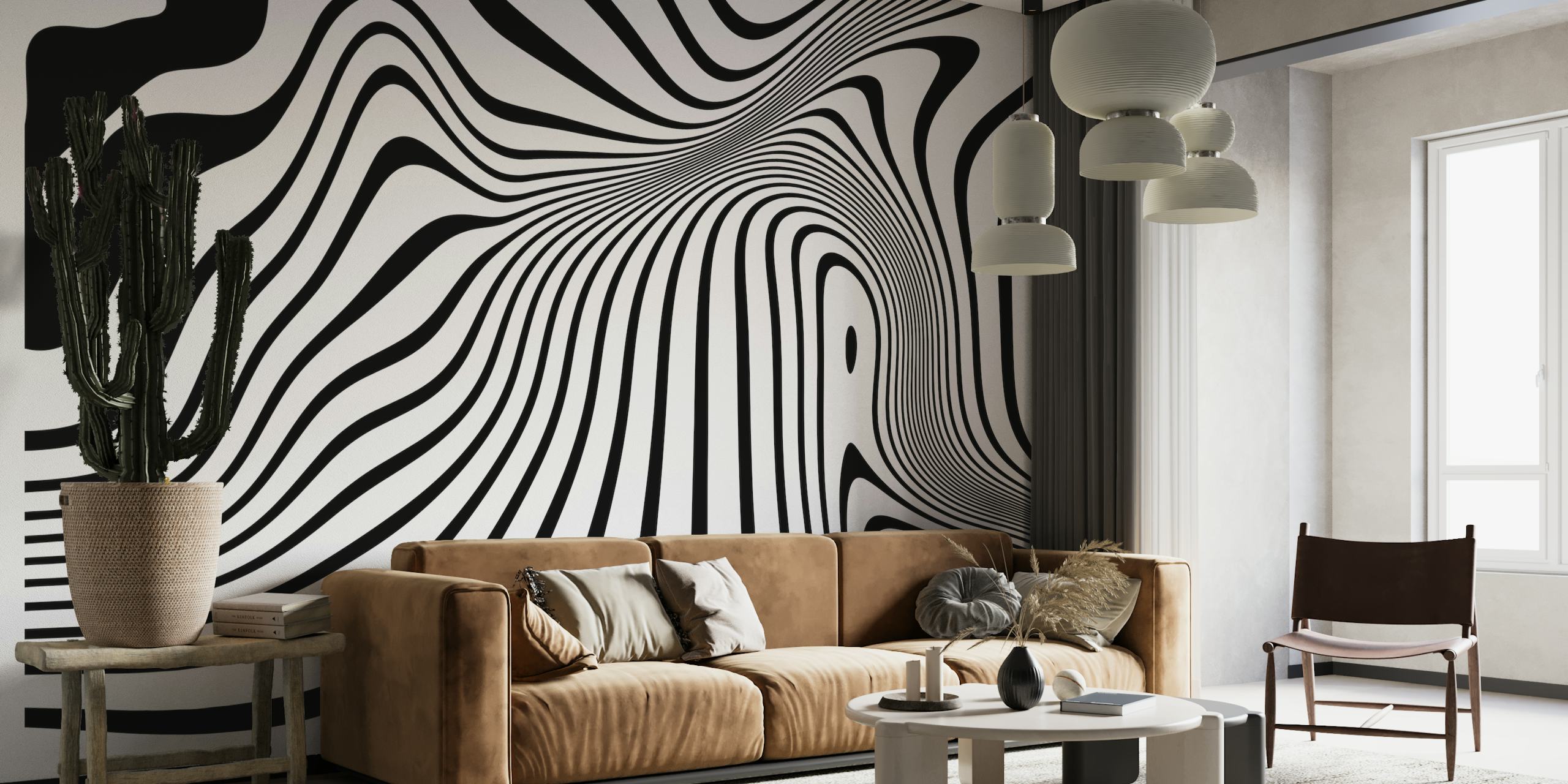 Mural de parede preto e branco de arte abstrata com formas fluidas e orgânicas criando uma textura visual dinâmica