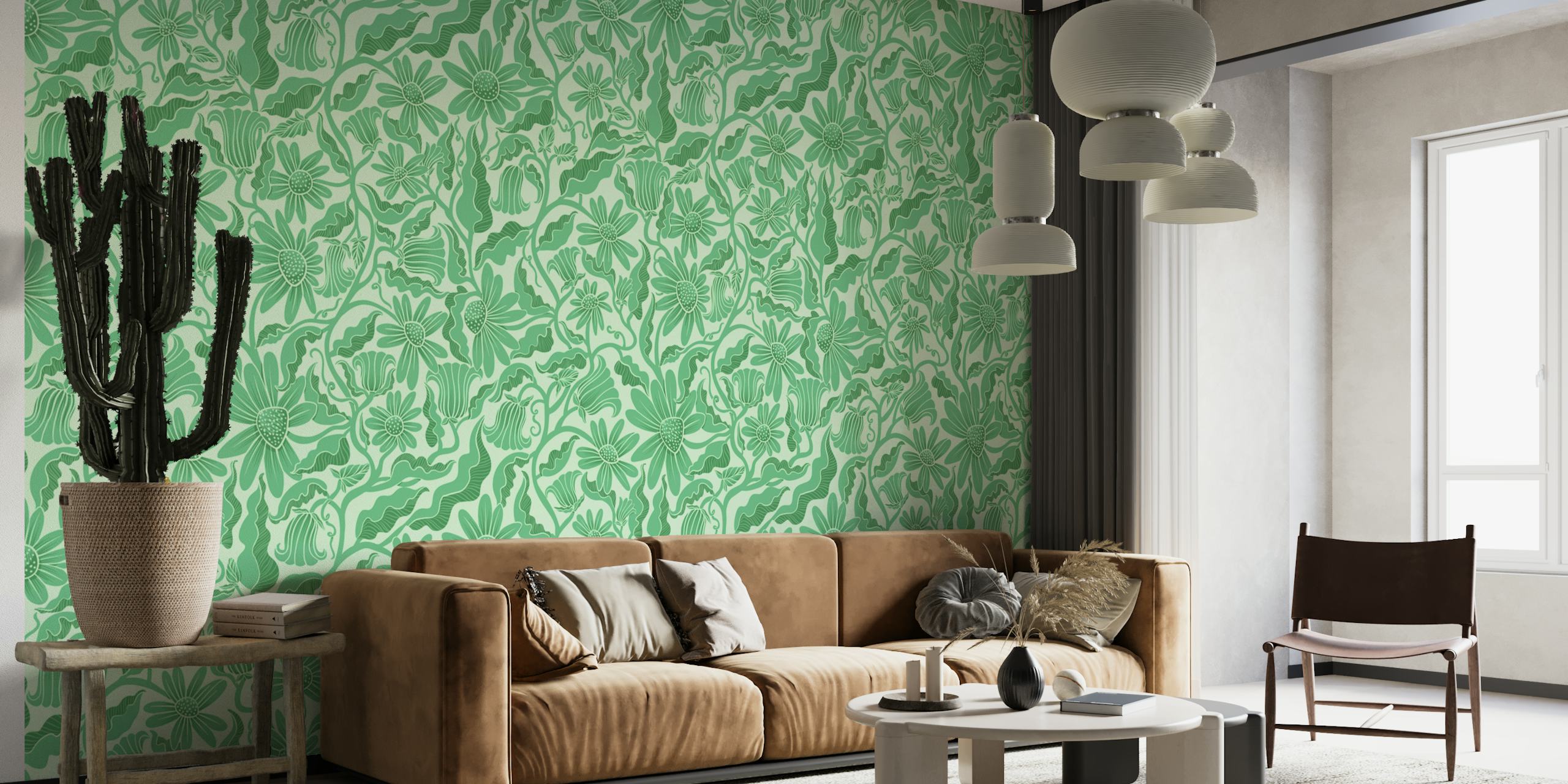 Monochrome Florals Green papel pintado en una habitación