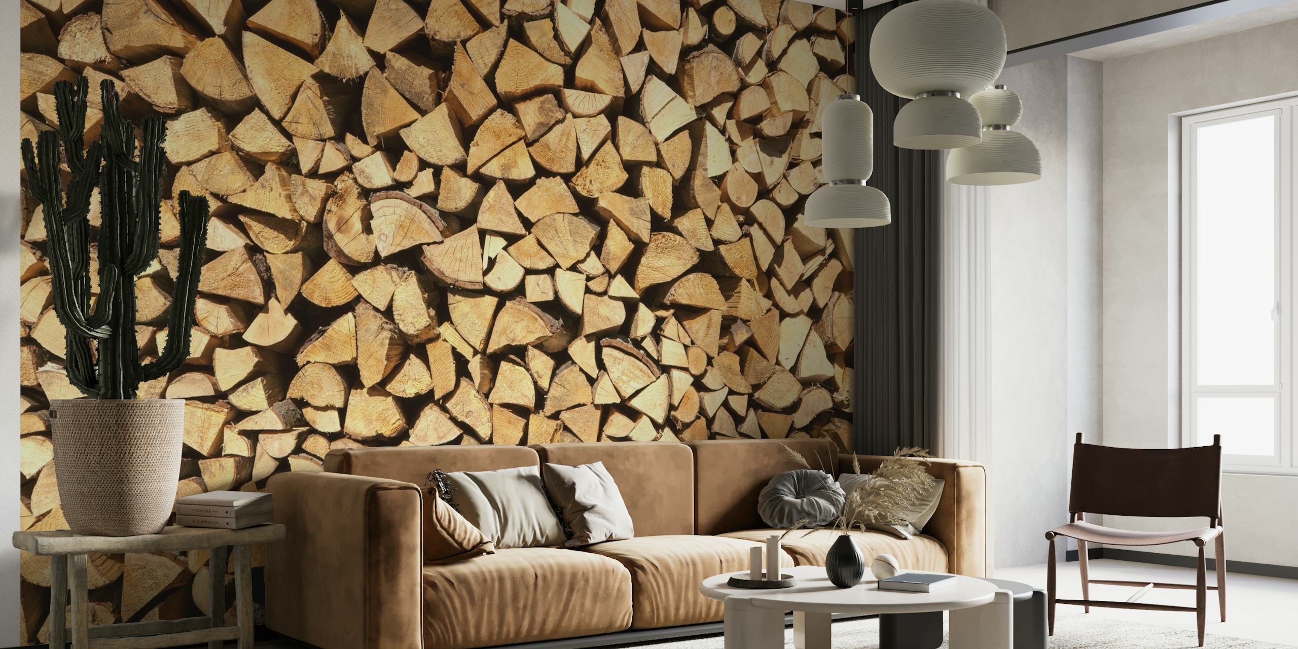 Realistic Wood Log Wallpaper featuring stacked logs in natural brown, cream, and rusty yellow tones
