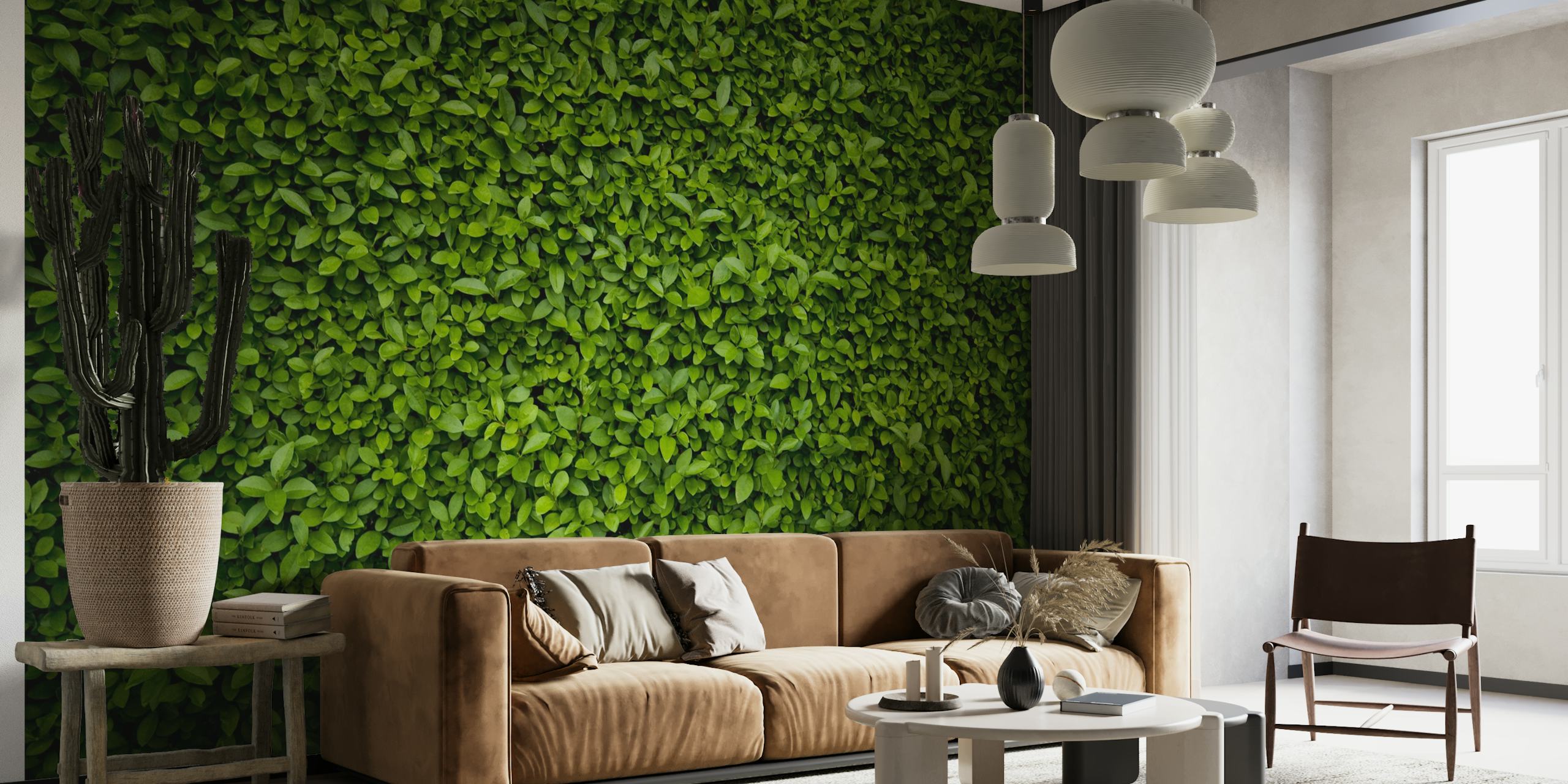 Lush green leaves wall mural in dense foliage texture wallpaper