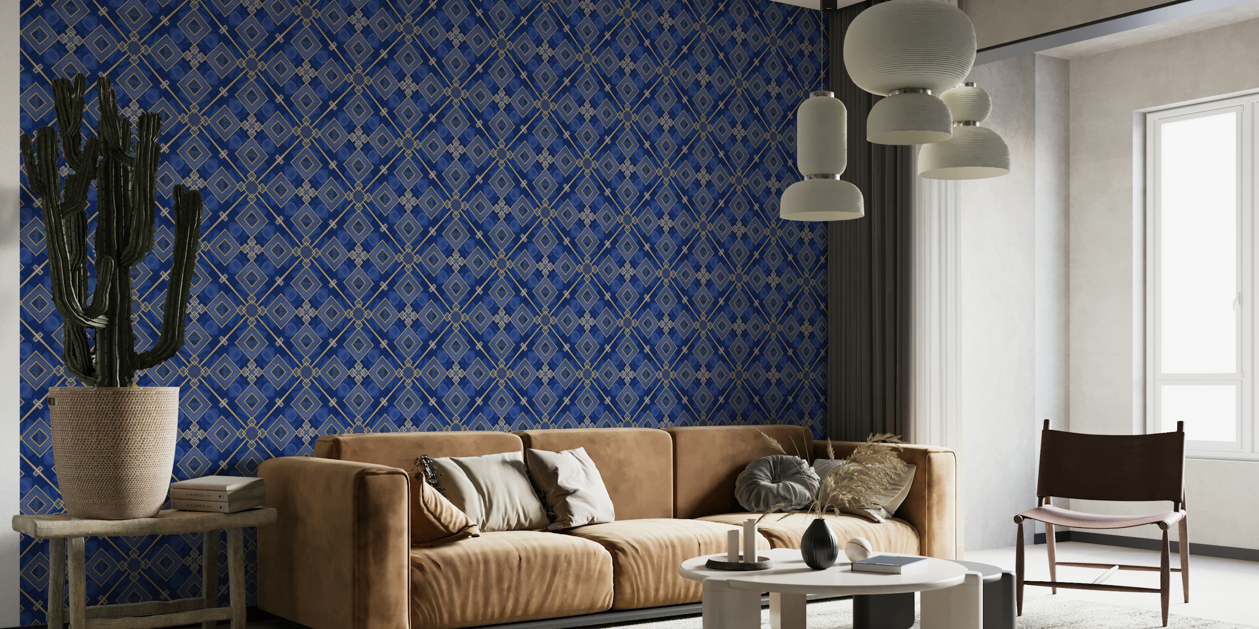 Blue and gold geometric pattern wallpaper in Art Deco style