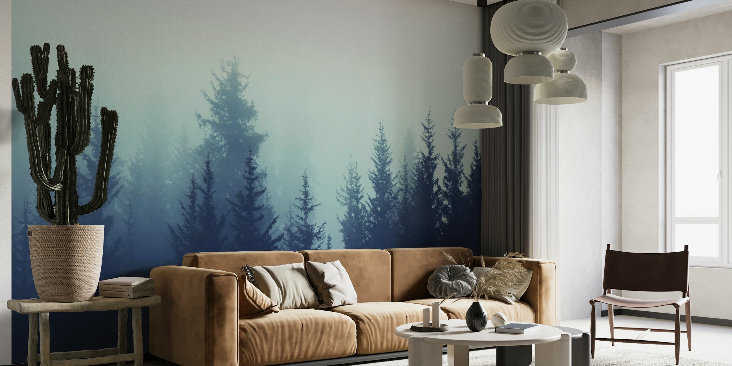 Um mural de parede com uma floresta de pinheiros enevoada em tons suaves.