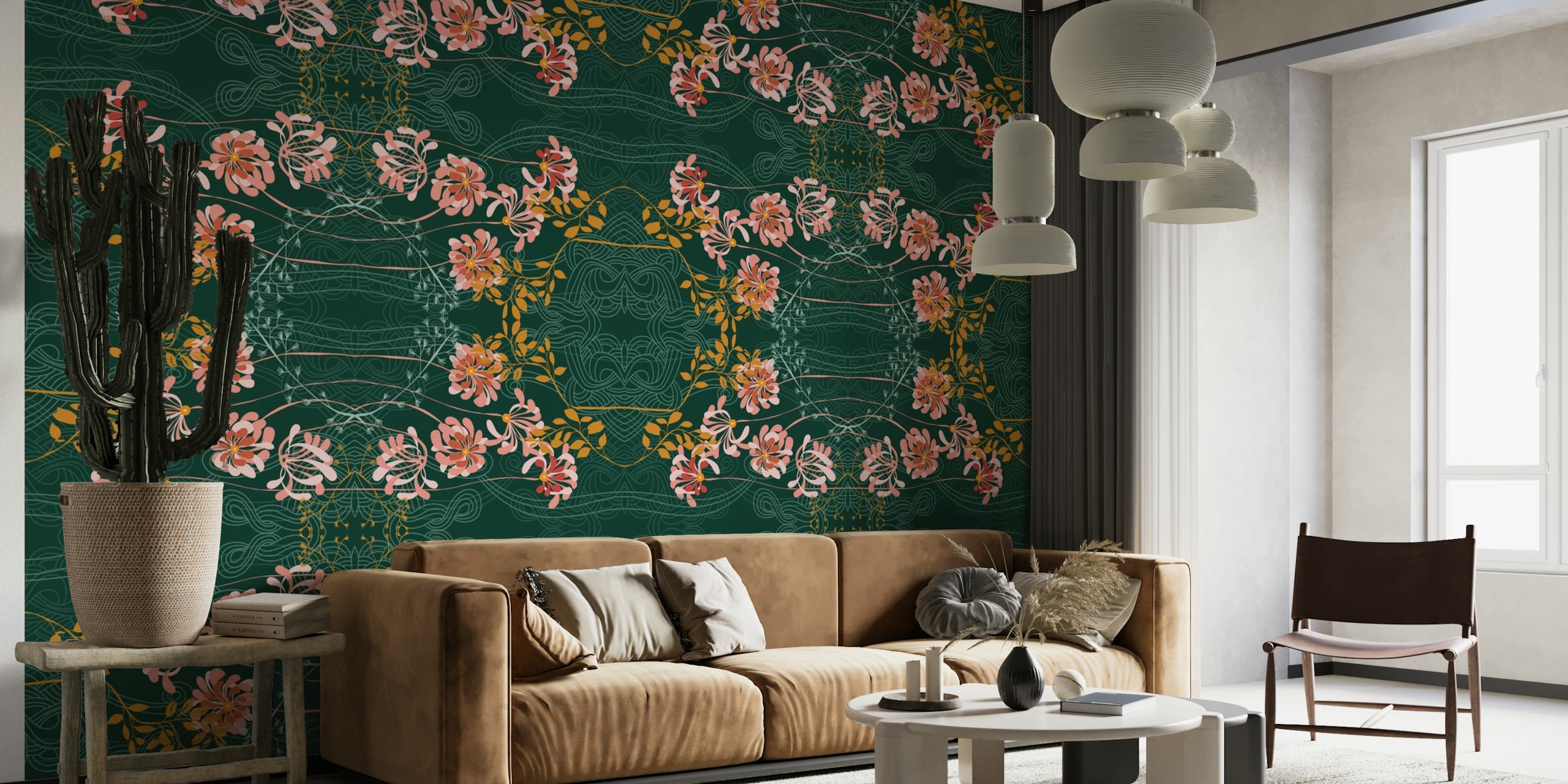 Art Nouveau style wall mural with green background and pink floral design with gold accents