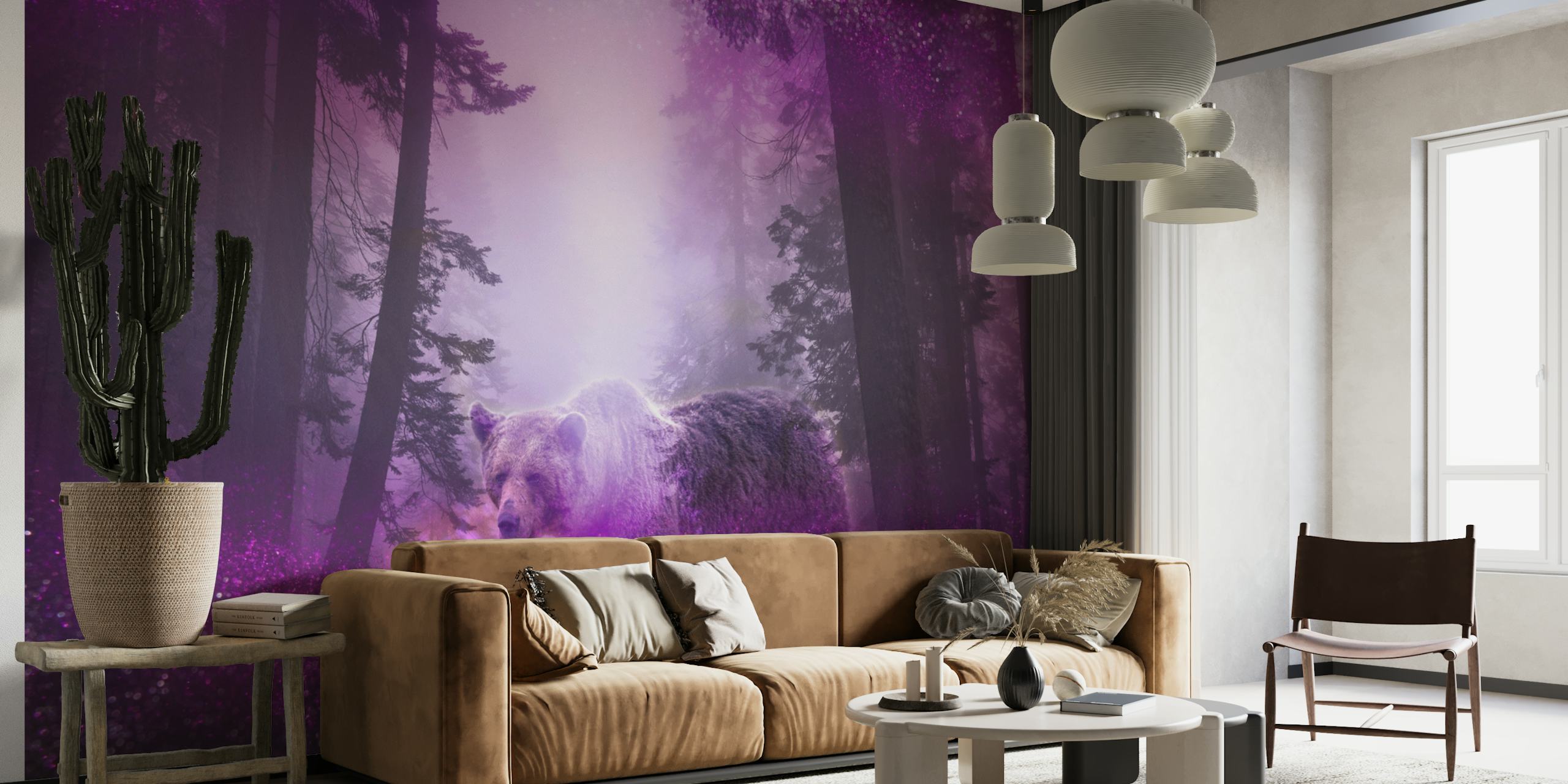Surreal wall mural featuring a bear in a pink-toned forest