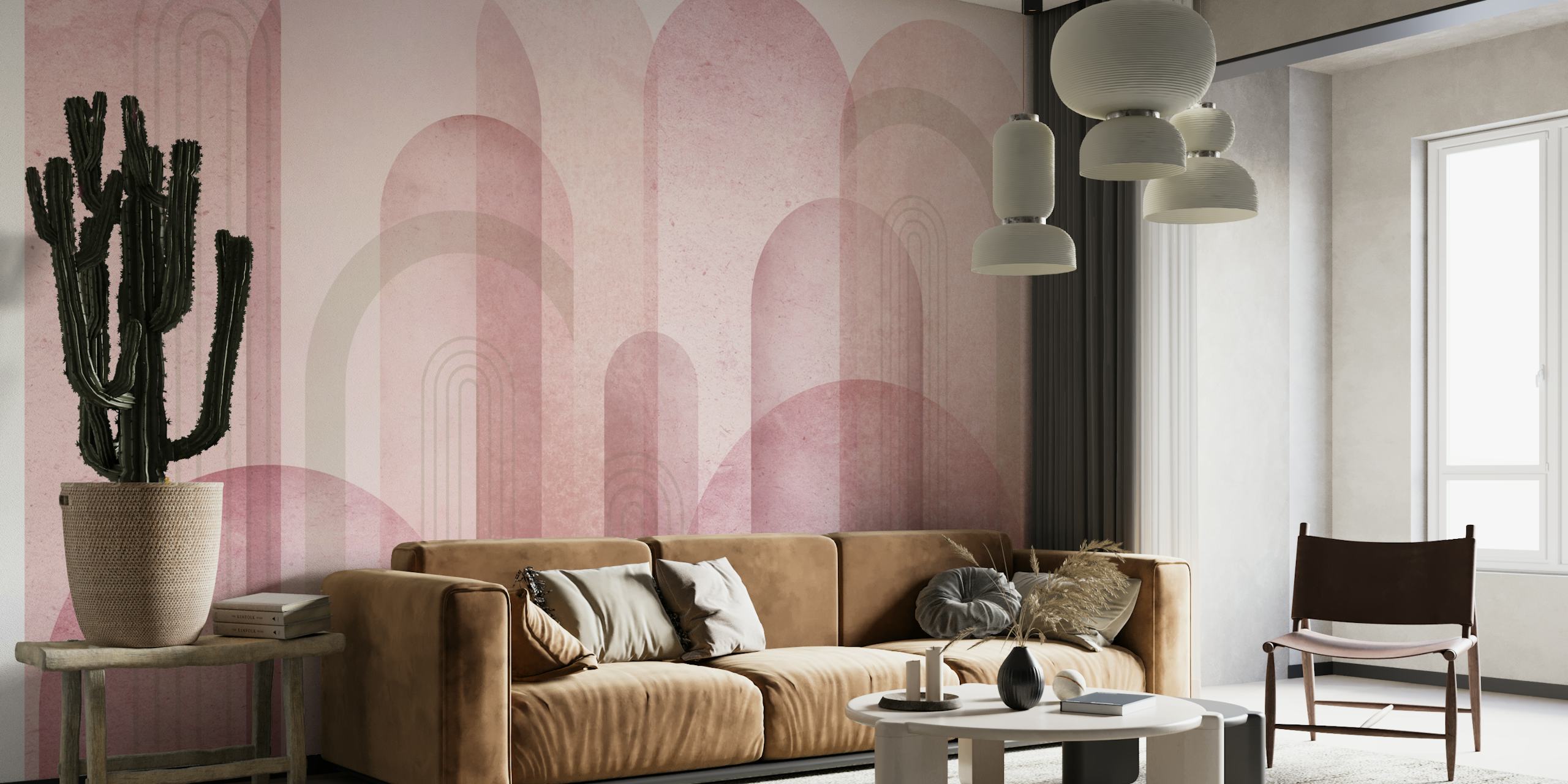 Pink Mid Century Arches wallpaper displayed in a room