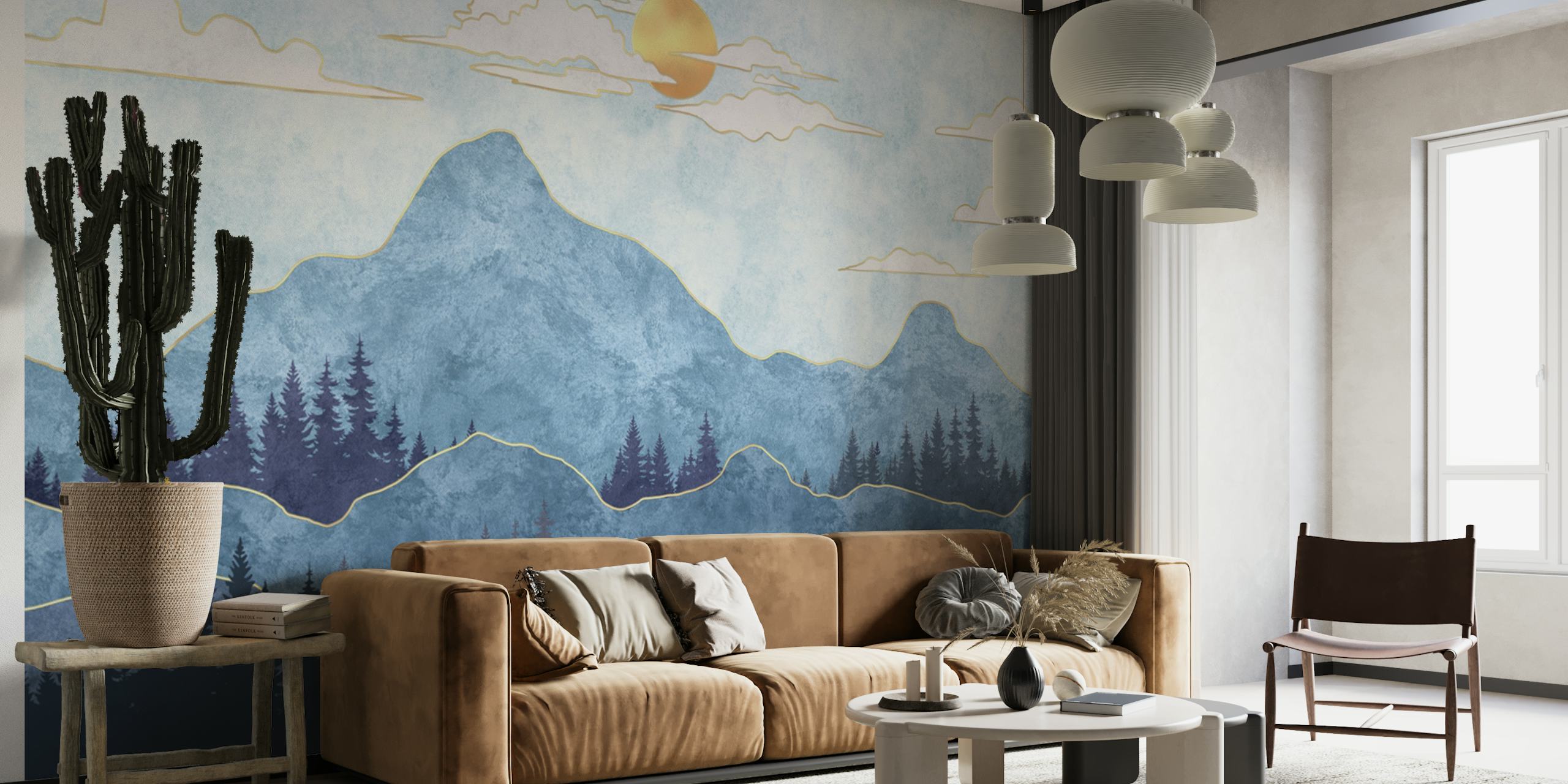 Mountain silhouettes and sun with blue tones wallpaper