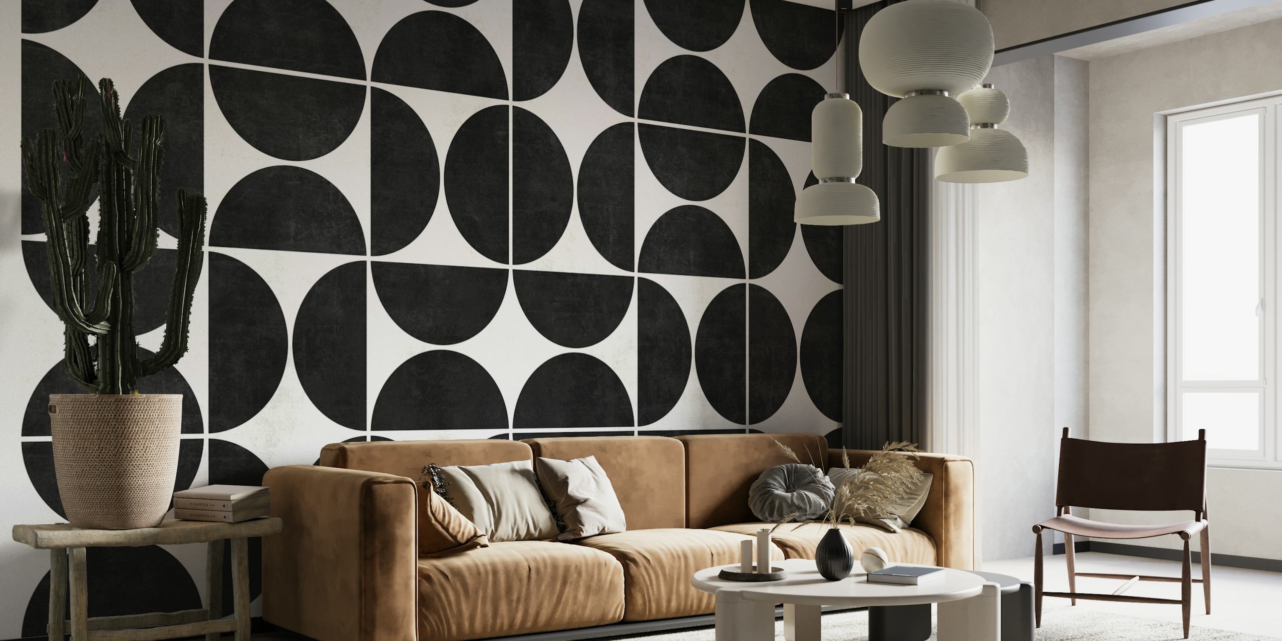 Mid-century modern black and white circle pattern wall mural
