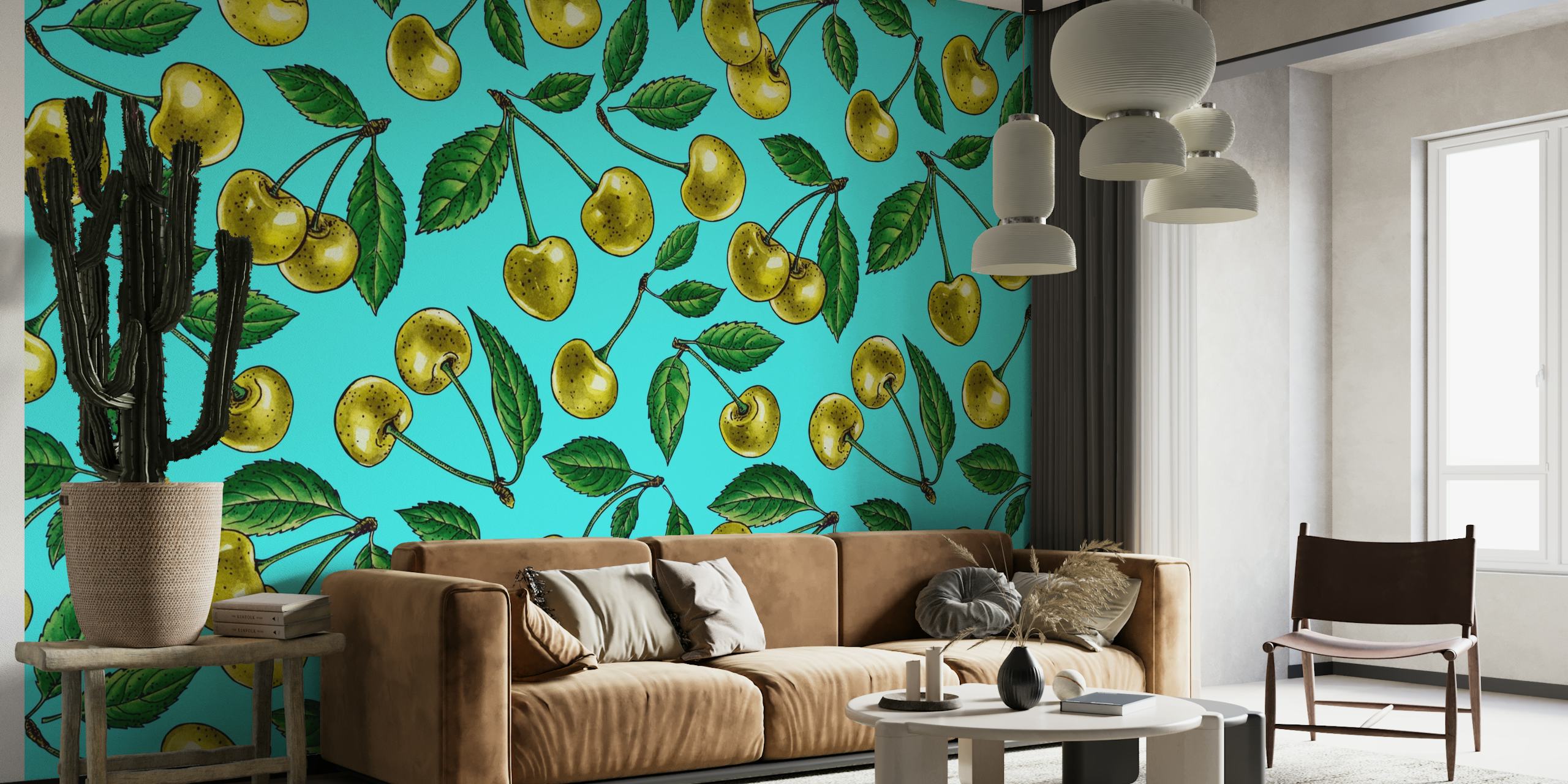 Yellow cherries pattern on turquoise background wall mural