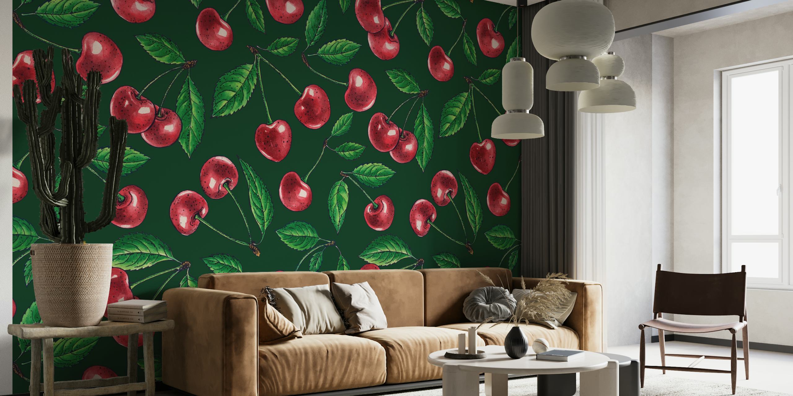 Red cherries wallpaper design vihreällä taustalla