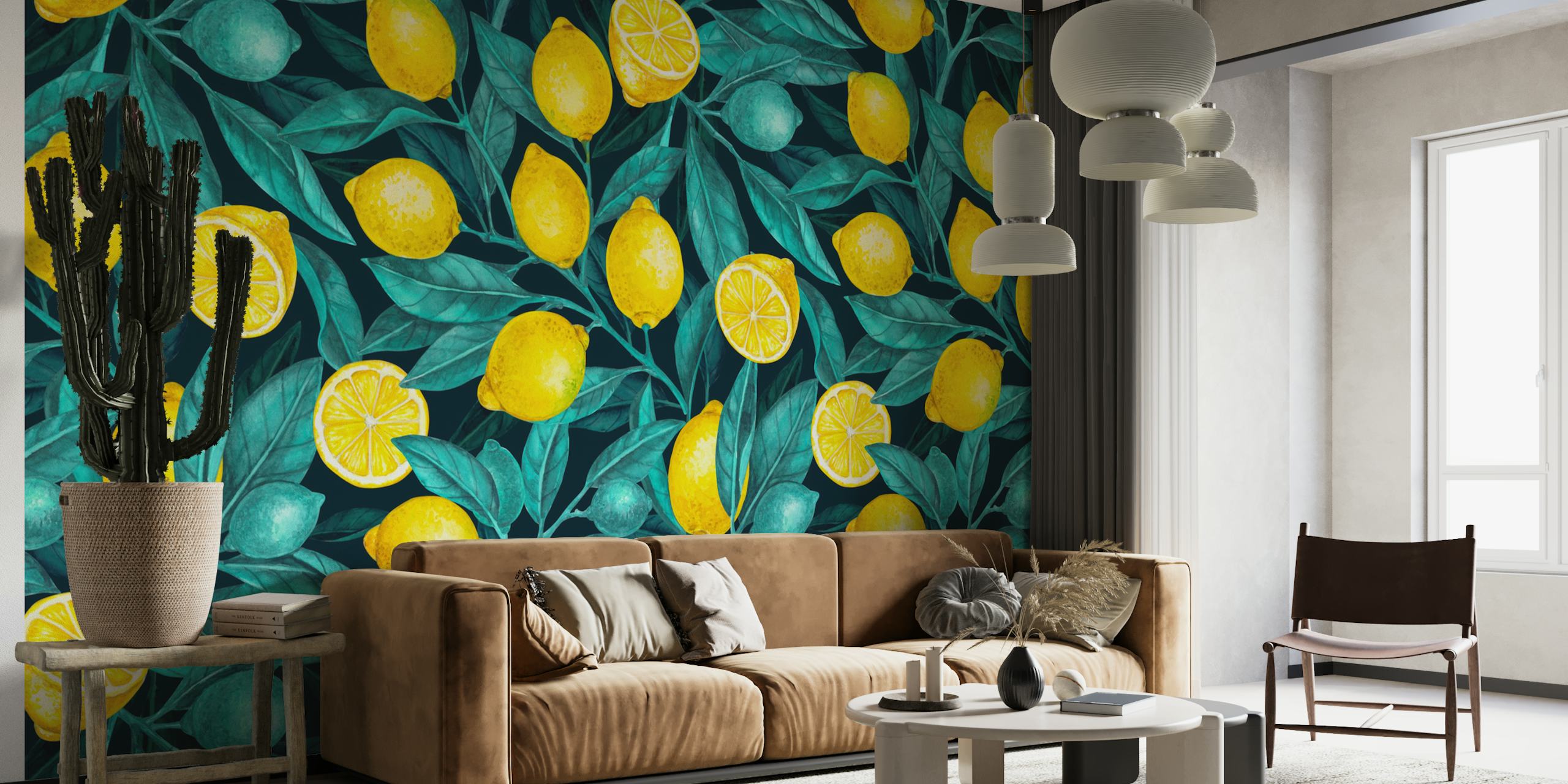 Yellow lemons and green leaves pattern wallpaper