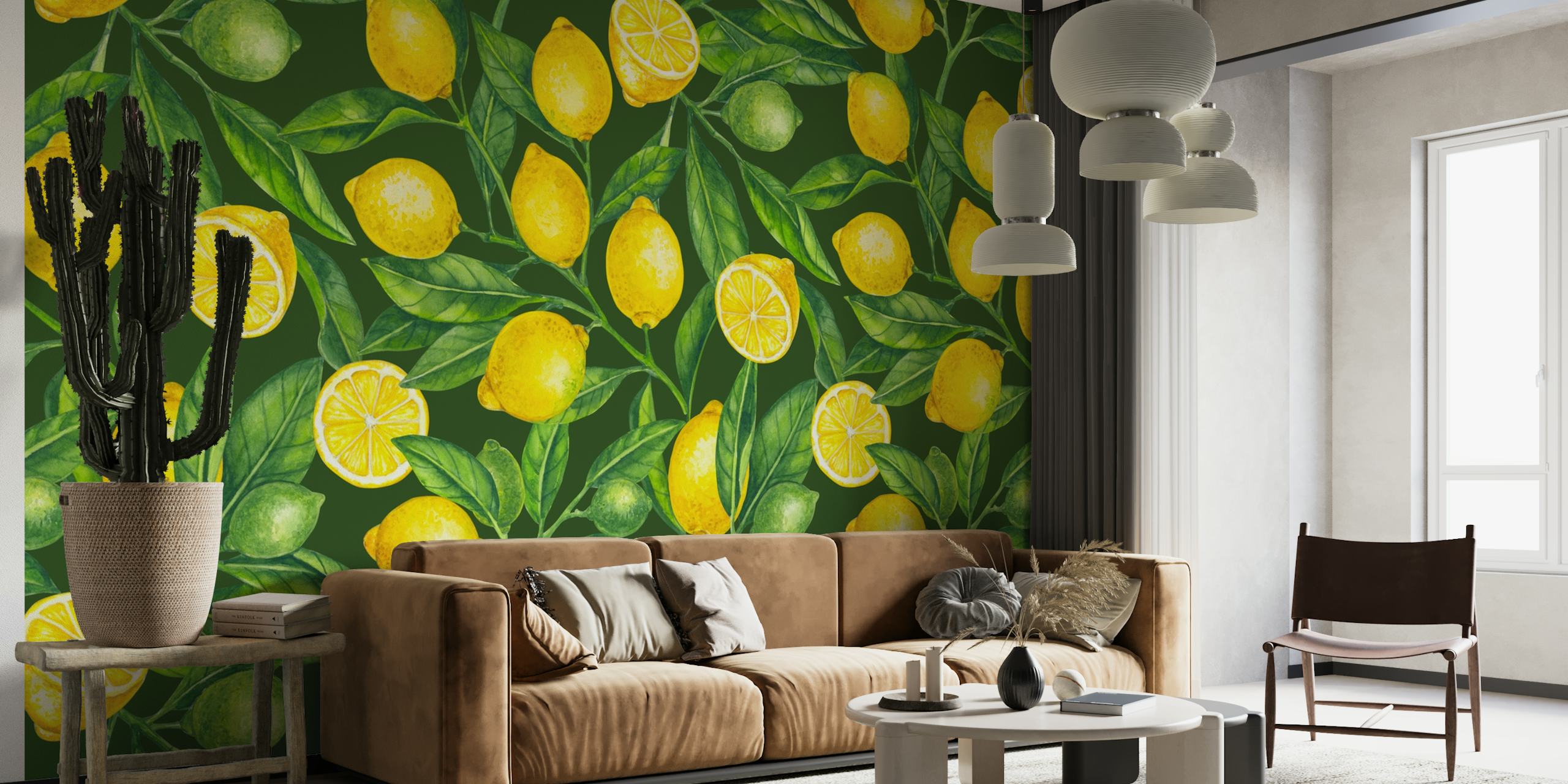 Tuoreet sitruunanoksat seinämaalaus, jossa rehevän vihreät lehdet ja kirkkaan keltainen sitruunakuvio