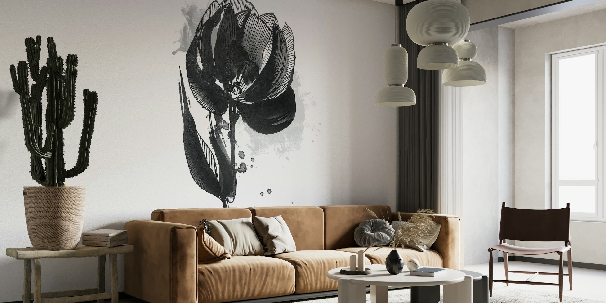 Black and white minimalist flower wall mural